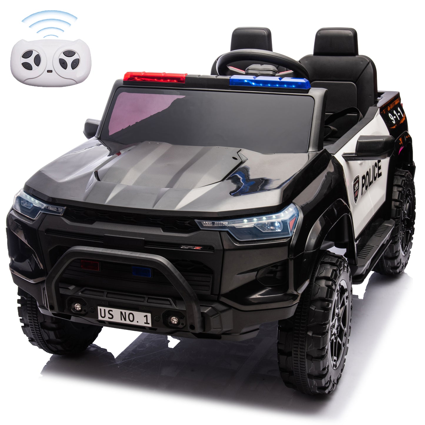 Police Car Ride on 24V Electric Car for Kids Battery Powered Ride-on Toys Cop Cars with Remote Control, Siren, Flashing Lights, Music, Bluetooth, Spring Suspension, Black