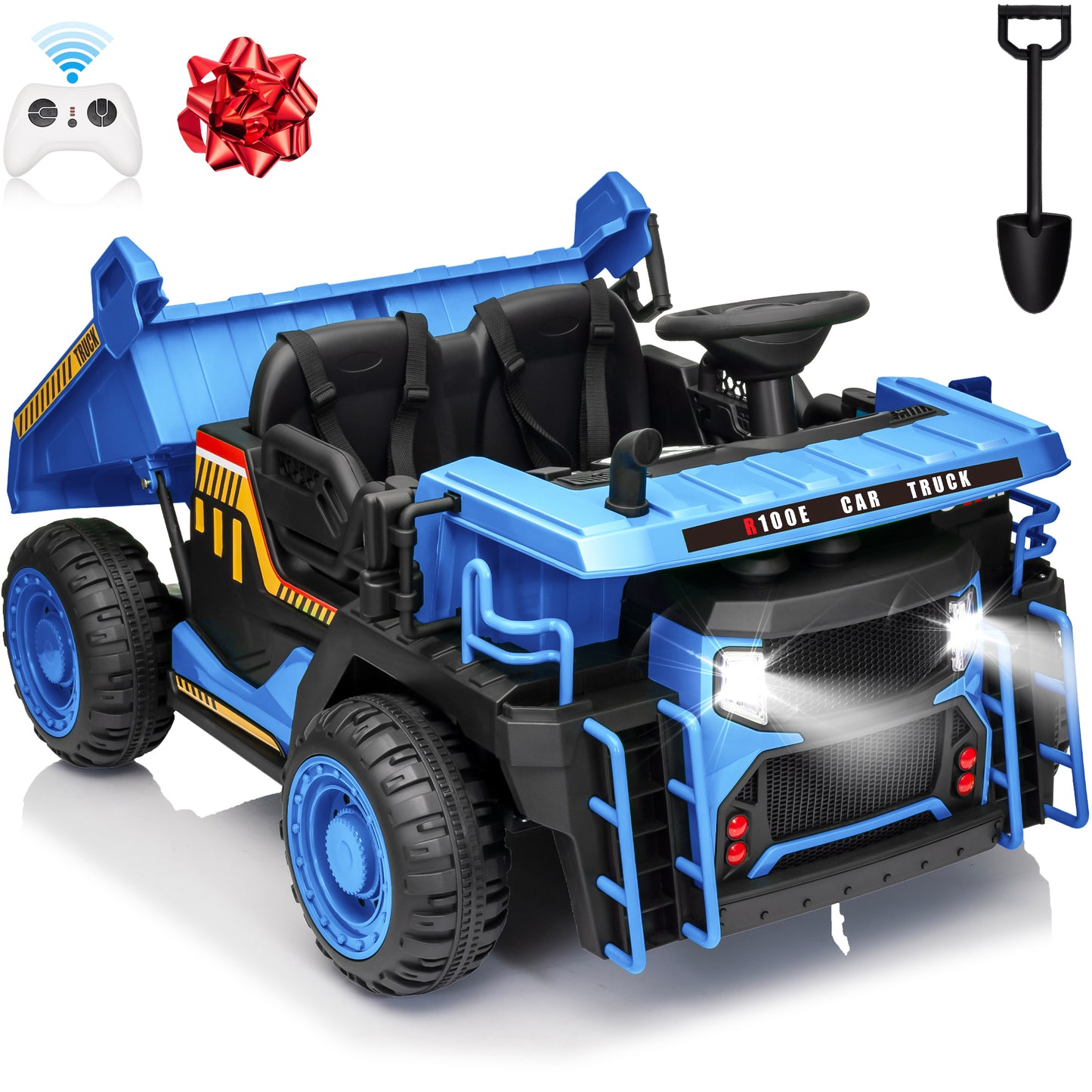 Funride 24V Ride on Toys 2 Seater Ride on Dump Truck w/ Remote Control, 2x200W Ride on Truck Car w/ Dump Bed, 3 Speeds, Shovel, Bluetooth/Music, Big Kids, Yellow,Orange,Green,Blue-305