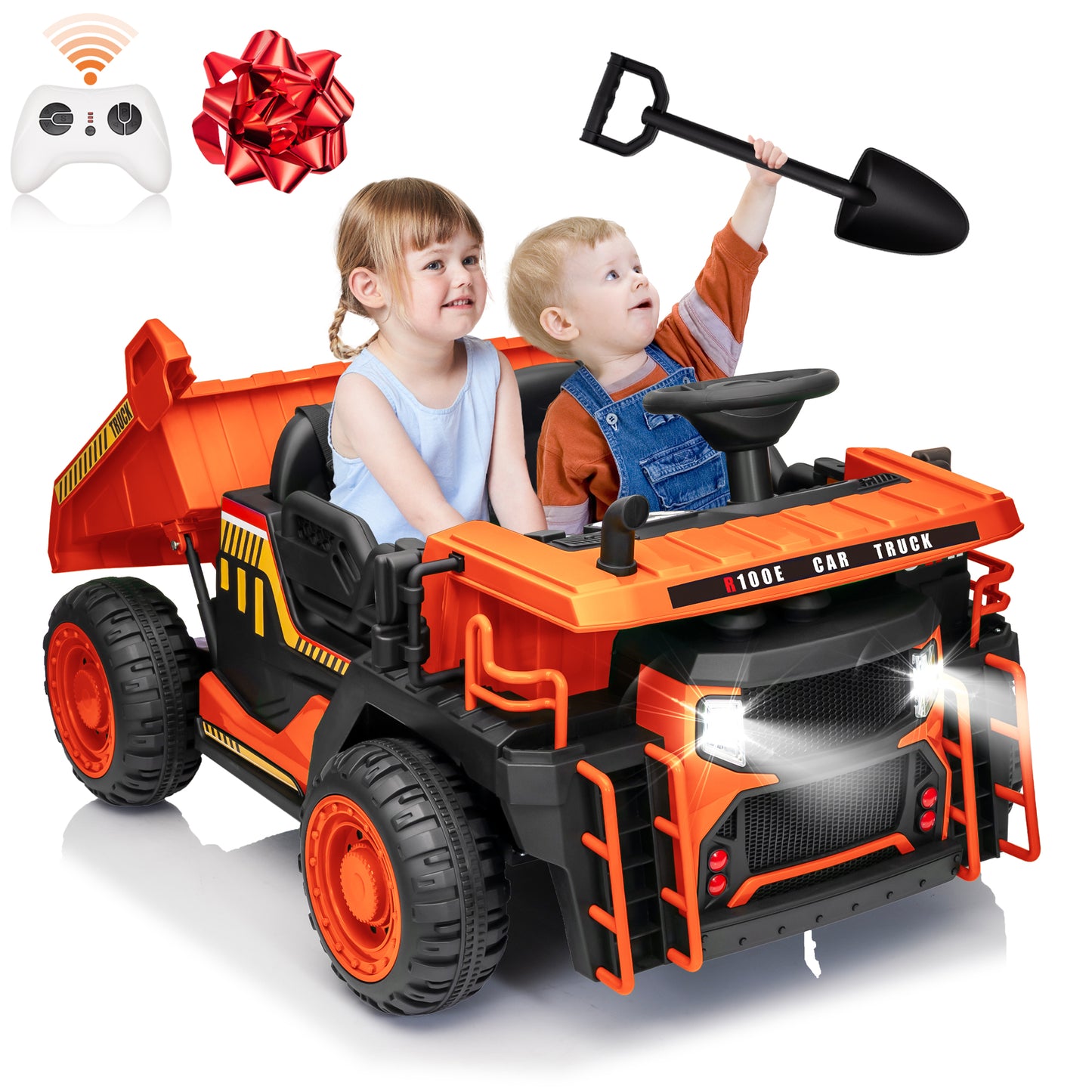 Funride 24V Ride on Toys 2 Seater Ride on Dump Truck w/ Remote Control, 2x200W Ride on Truck Car w/ Dump Bed, 3 Speeds, Shovel, Bluetooth/Music, Big Kids, Yellow,Orange,Green,Blue-305