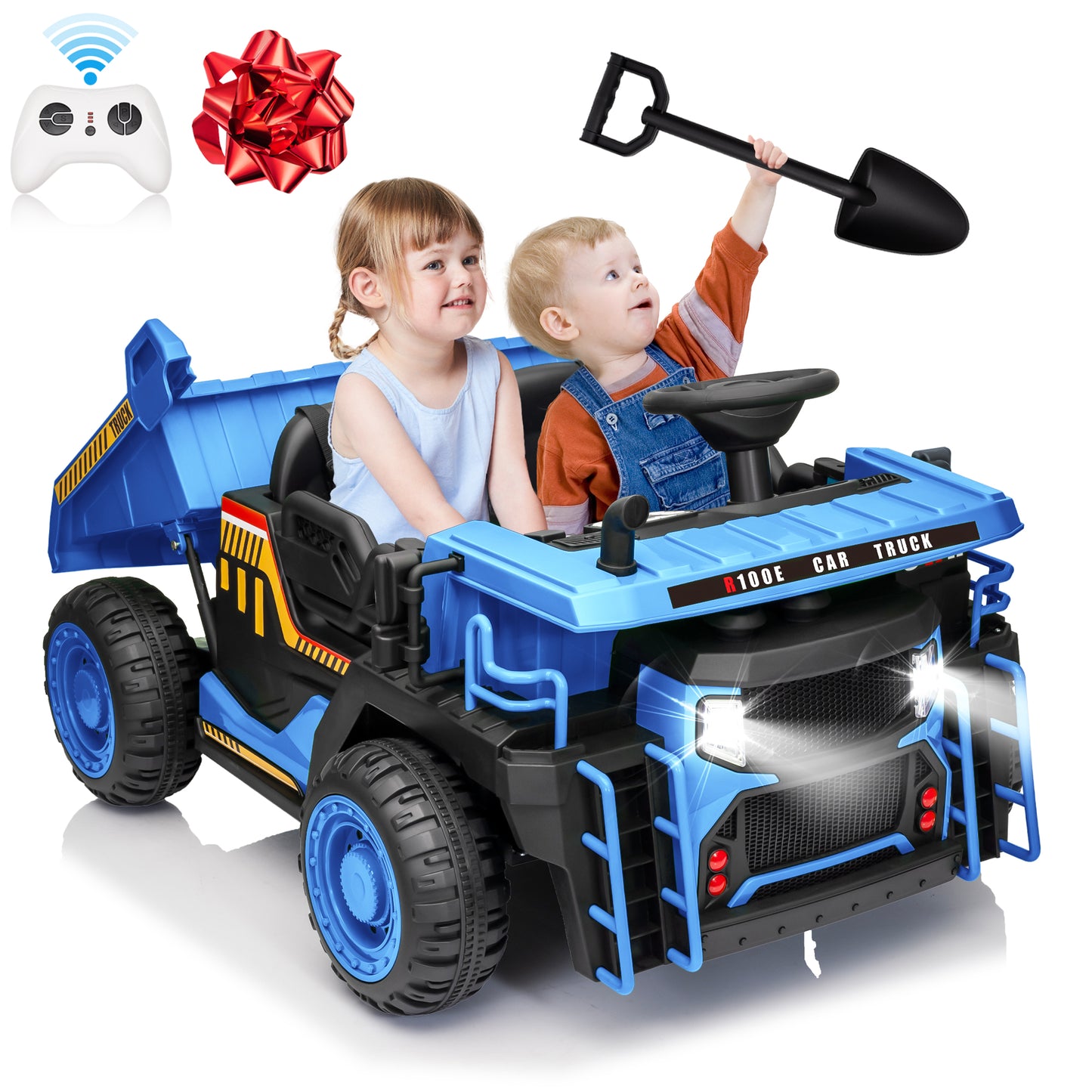 Funride 24V Ride on Toys 2 Seater Ride on Dump Truck w/ Remote Control, 2x200W Ride on Truck Car w/ Dump Bed, 3 Speeds, Shovel, Bluetooth/Music, Big Kids, Yellow,Orange,Green,Blue-305