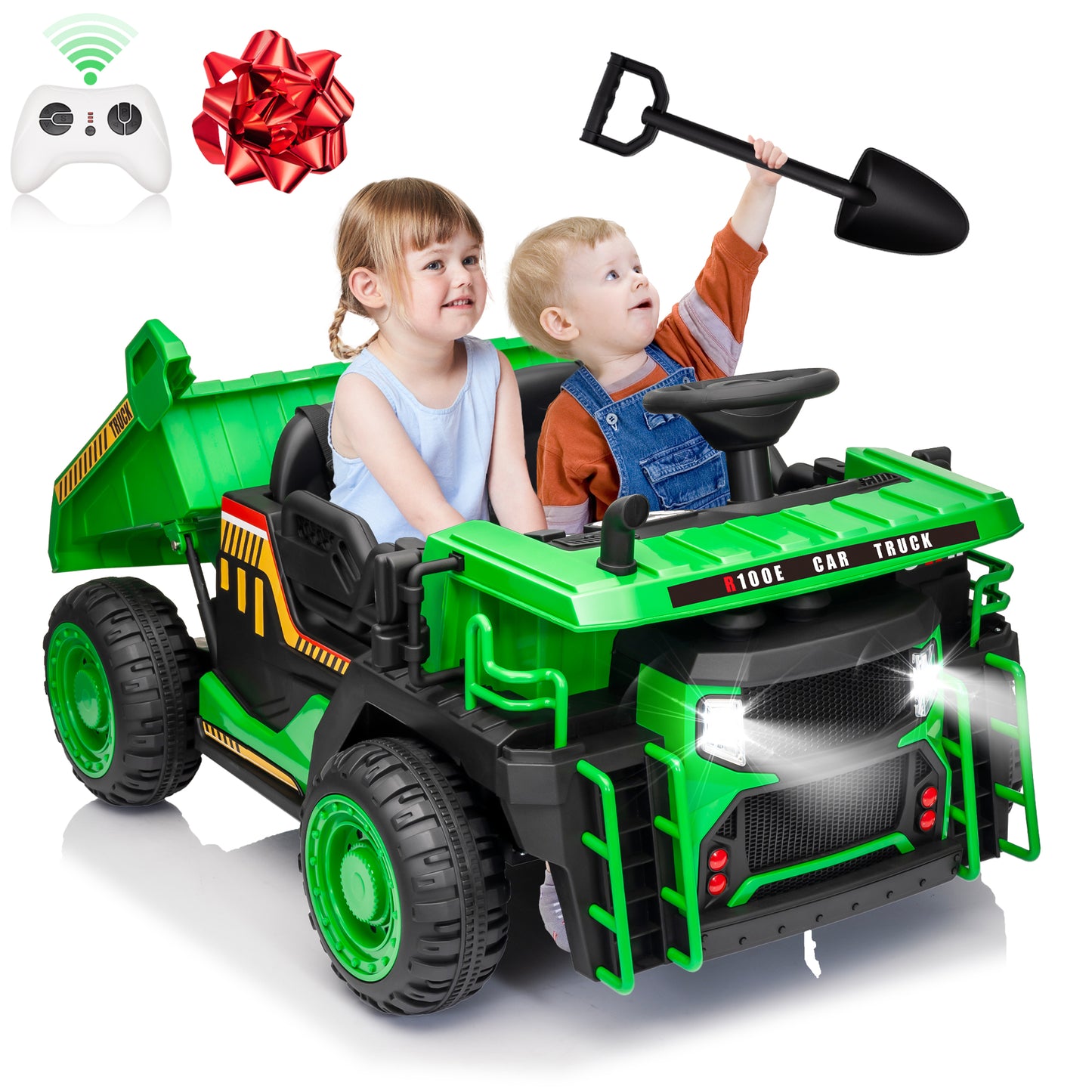 Funride 24V Ride on Toys 2 Seater Ride on Dump Truck w/ Remote Control, 2x200W Ride on Truck Car w/ Dump Bed, 3 Speeds, Shovel, Bluetooth/Music, Big Kids, Yellow,Orange,Green,Blue-305