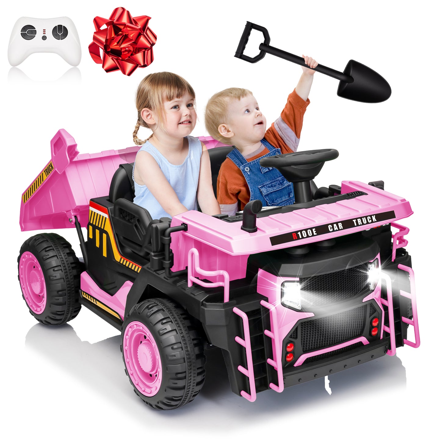 Funride 24V Ride on Toys 2 Seater Ride on Dump Truck w/ Remote Control, 2x200W Ride on Truck Car w/ Dump Bed, 3 Speeds, Shovel, Bluetooth/Music, Big Kids, Yellow,Orange,Green,Blue-305