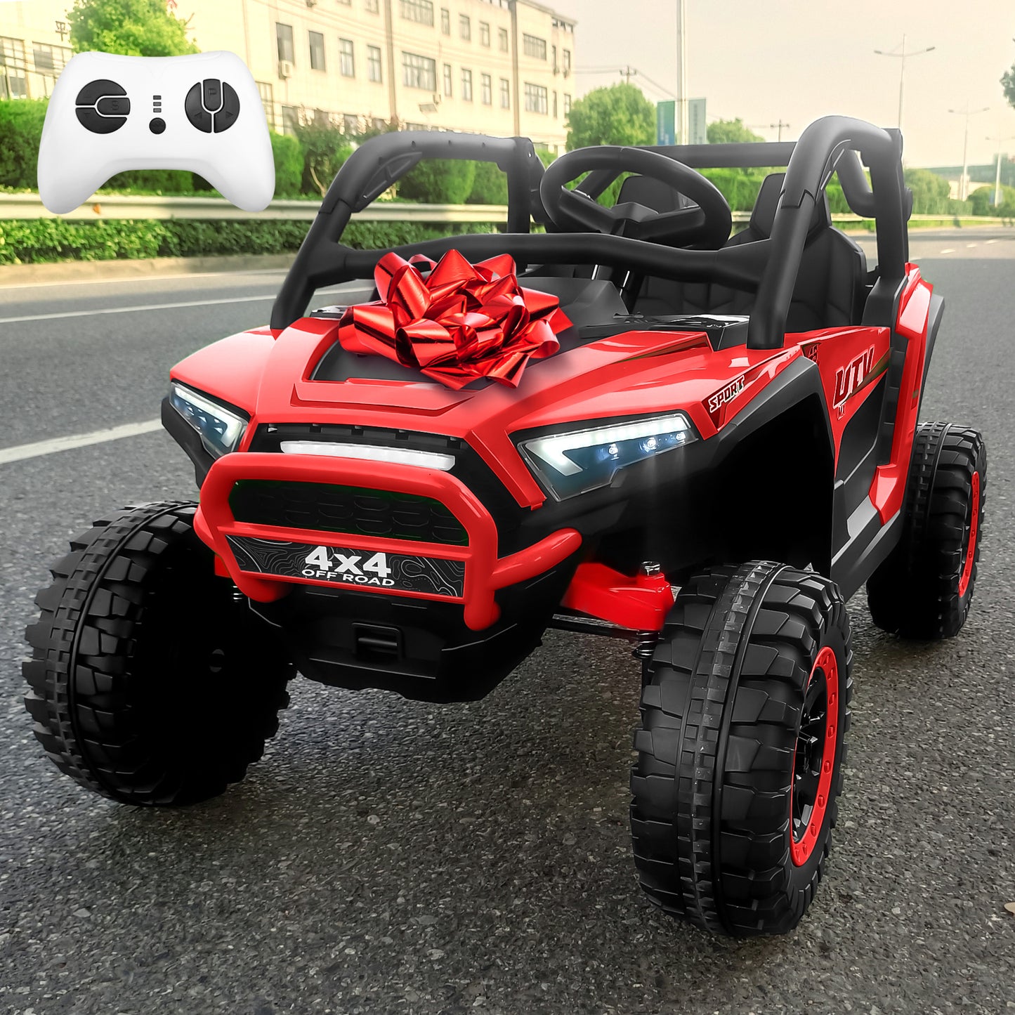 Funride 24V 2 Seater Ride on Truck Car for Kids, 7AH Powered UTV Car Toy, 4WD Side by Side Electric Vehicle w/ Remote, 3 Speeds, Bluetooth Spring Suspension, 1.86-4.9mph, Storage for Gift, Green, Red, Pink, Black -639