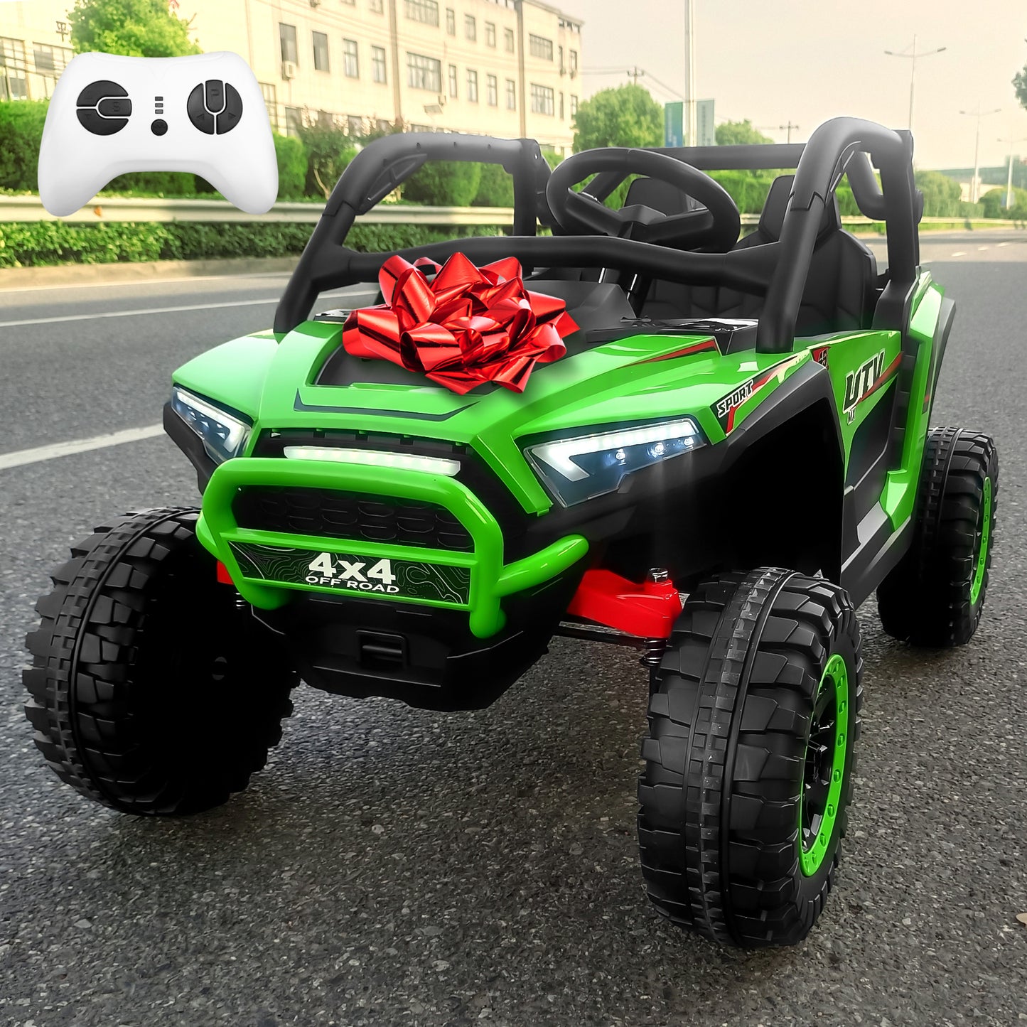 Funride 24V 2 Seater Ride on Truck Car for Kids, 7AH Powered UTV Car Toy, 4WD Side by Side Electric Vehicle w/ Remote, 3 Speeds, Bluetooth Spring Suspension, 1.86-4.9mph, Storage for Gift, Green, Red, Pink, Black -639