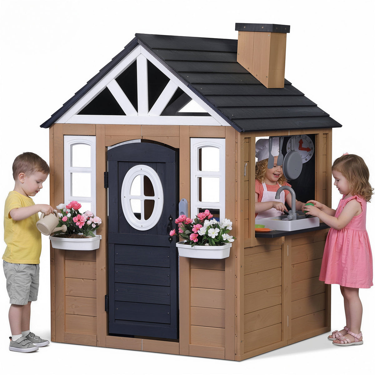 Funride Outdoor Playhouse for Kids, Interactive Kitchen Wooden Playhouse with Doorbell, Phone, and Kitchen Toys, Indoor & Outdoor