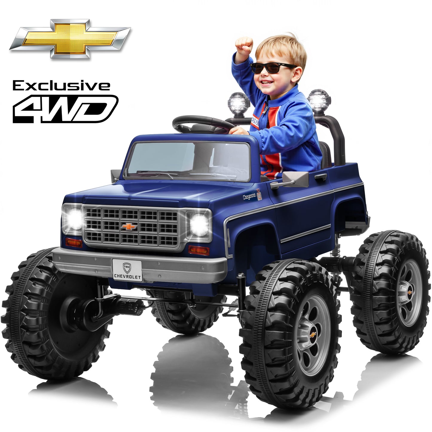 Chevrolet Cheyenne 4WD 24 Volt Ride on Toys, Funride Electric Truck for Kids, Power Car Wheels with Remote, Bluetooth, LED Lights, Blue