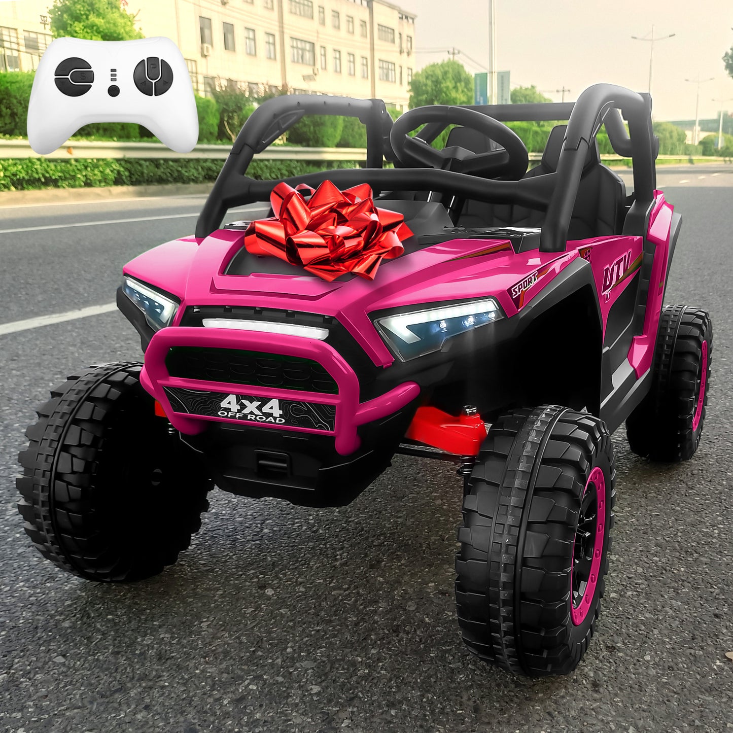 Funride 24V 2 Seater Ride on Truck Car for Kids, 7AH Powered UTV Car Toy, 4WD Side by Side Electric Vehicle w/ Remote, 3 Speeds, Bluetooth Spring Suspension, 1.86-4.9mph, Storage for Gift, Green, Red, Pink, Black -639