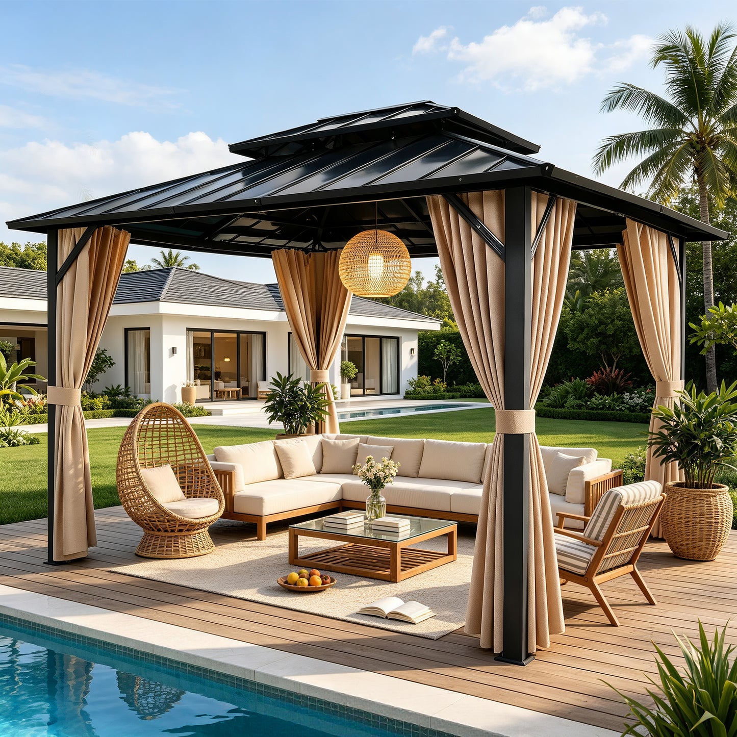Funride 10x12 ft Hardtop Gazebo, Galvanized Steel Double Roof with Curtains and Netting, Sturdy Aluminum Tri-Frame, for Garden, Patio