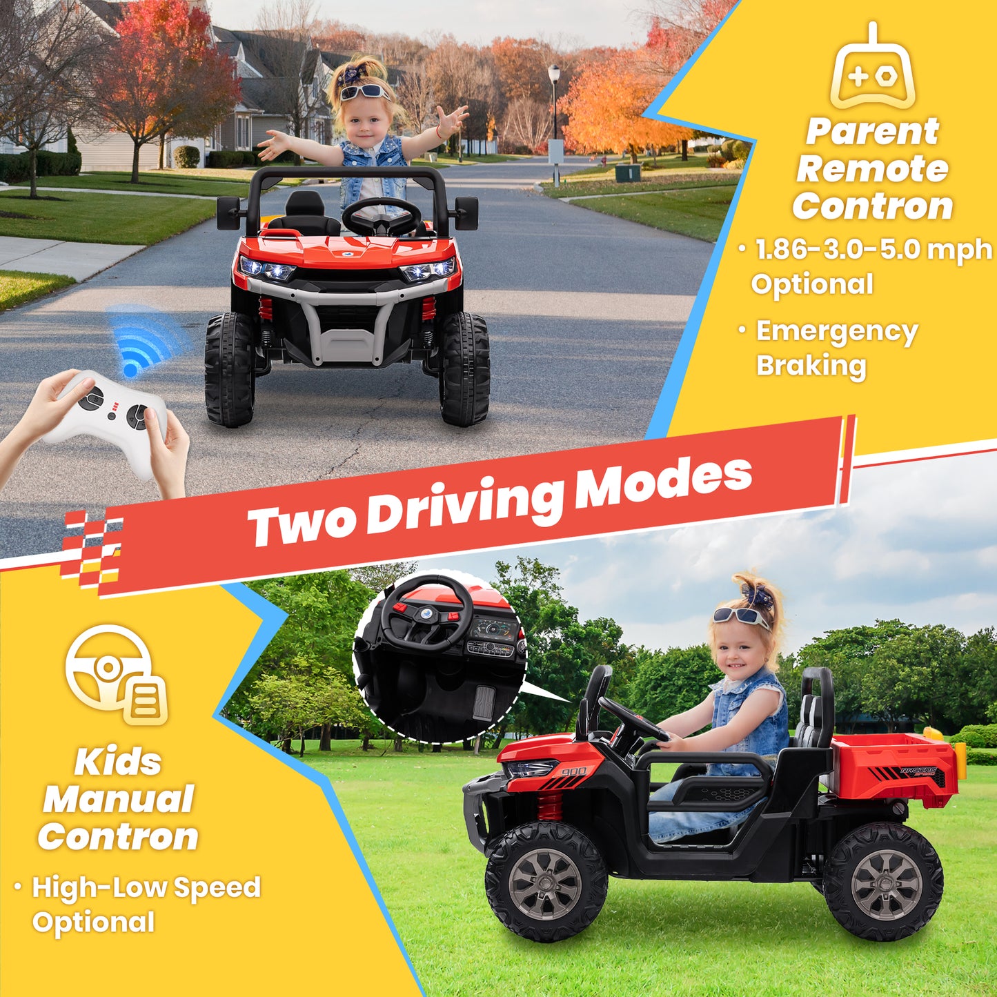 Funride 24V Kids Ride on Dump Truck with Remote Control, 2 Seater Powered 4-Wheel UTV Toys, 4x200W Ride on Tractor Car w/ Electric Dump Bed, Shovel, Bluetooth Music, Red