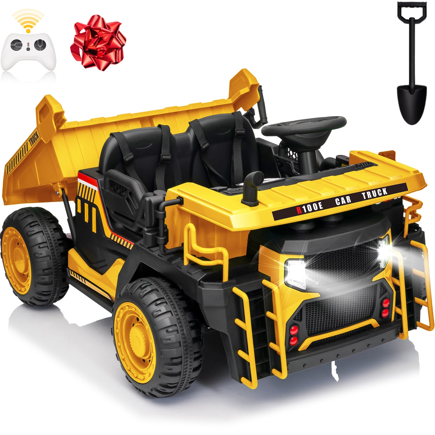 Funride 24V Ride on Toys 2 Seater Ride on Dump Truck w/ Remote Control, 2x200W Ride on Truck Car w/ Dump Bed, 3 Speeds, Shovel, Bluetooth/Music, Big Kids, Yellow,Orange,Green,Blue-305