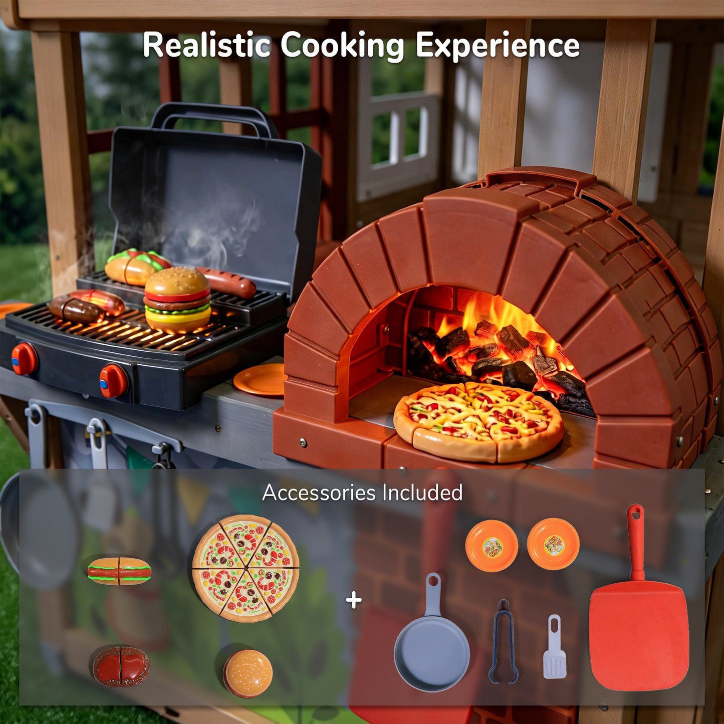 Sunnyfree Wooden Playhouse with BBQ Grill, Interactive Kitchen Outdoor Playhouse, Food, Whiteboard, Mail Receiver, Use for Garden, Backyard, Indoor & Outdoor