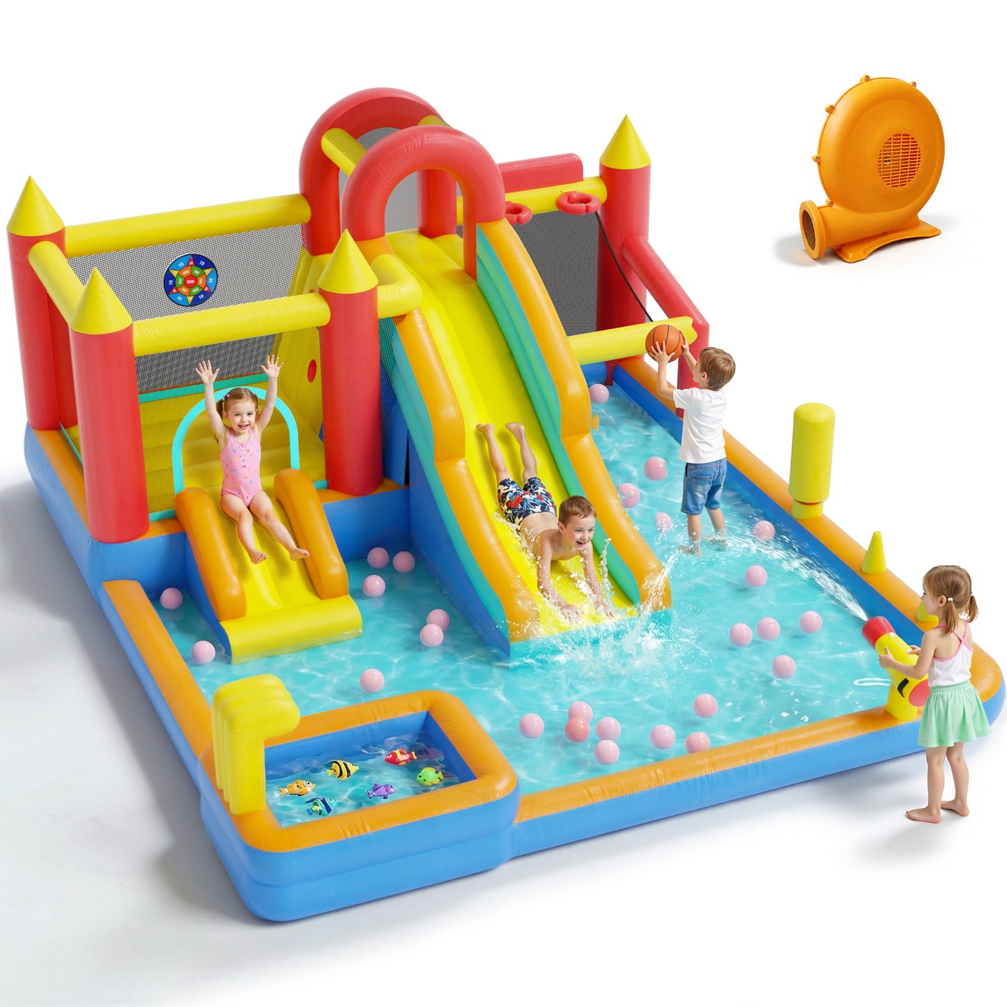 Sunnyfree XXL Inflatable Bouncer House 9 in 1 for Kids 3+, 15x13FT Oversized Inflatable Water Slide Park, Indoor/Outdoor Bounce Castle w/ Blower