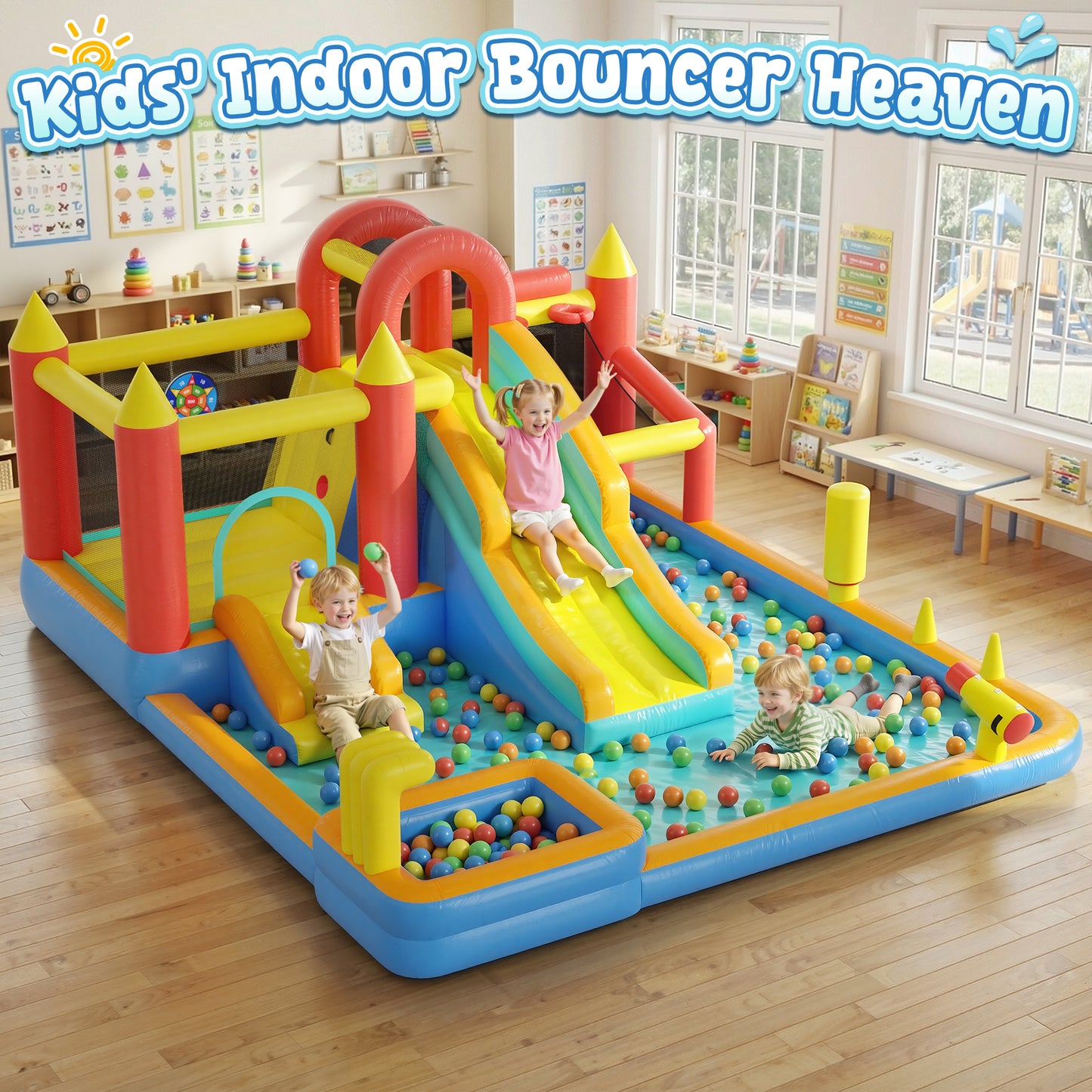 Sunnyfree XXL Inflatable Bouncer House 9 in 1 for Kids 3+, 15x13FT Oversized Inflatable Water Slide Park, Indoor/Outdoor Bounce Castle w/ Blower