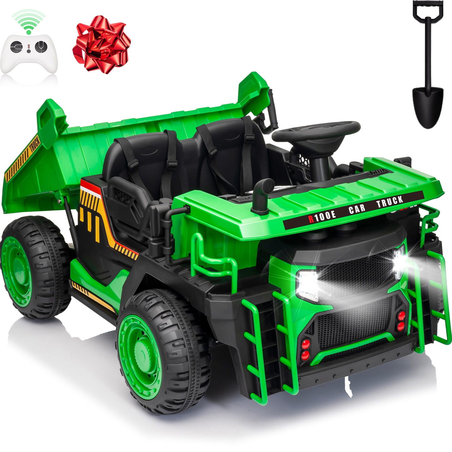 Funride 24V Ride on Toys 2 Seater Ride on Dump Truck w/ Remote Control, 2x200W Ride on Truck Car w/ Dump Bed, 3 Speeds, Shovel, Bluetooth/Music, Big Kids, Yellow,Orange,Green,Blue-305