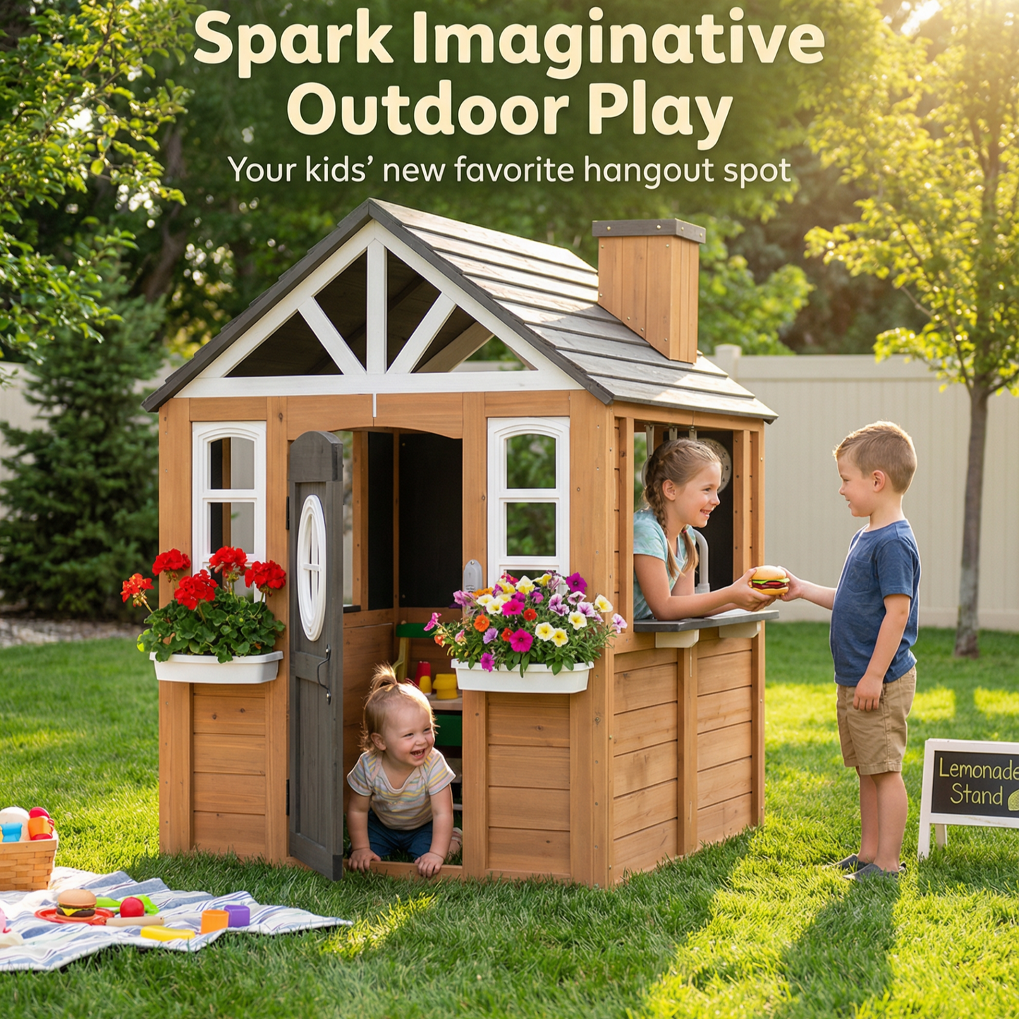 Sunnyfree Outdoor Playhouse for Kids, Wooden Playhouse with Doorbell, Phone, and Kitchen Toys, Ages 3 to 8