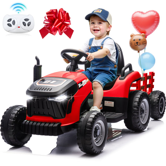 24V Kids Ride on Tractor with Remote Control, Dual Motors Electric Battery Powered Motorized Vehicle w/ Trailer, Bluetooth Music, Outdoor Toys
