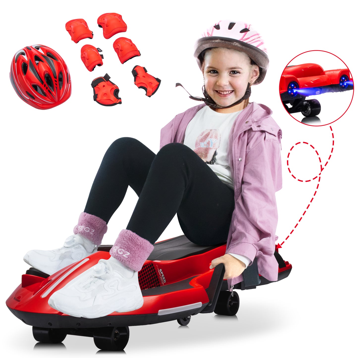 Kids Ride on Toys for Ages 6+, 24V Drift Go Kart w/ 200W Silent Hub Motor, Electric Scooter for Kids, Helmet Knee, Elbow Pads, Music, Rear Spray, Side Handlebars for Steering, Red, White, Blue, Green, Black -601