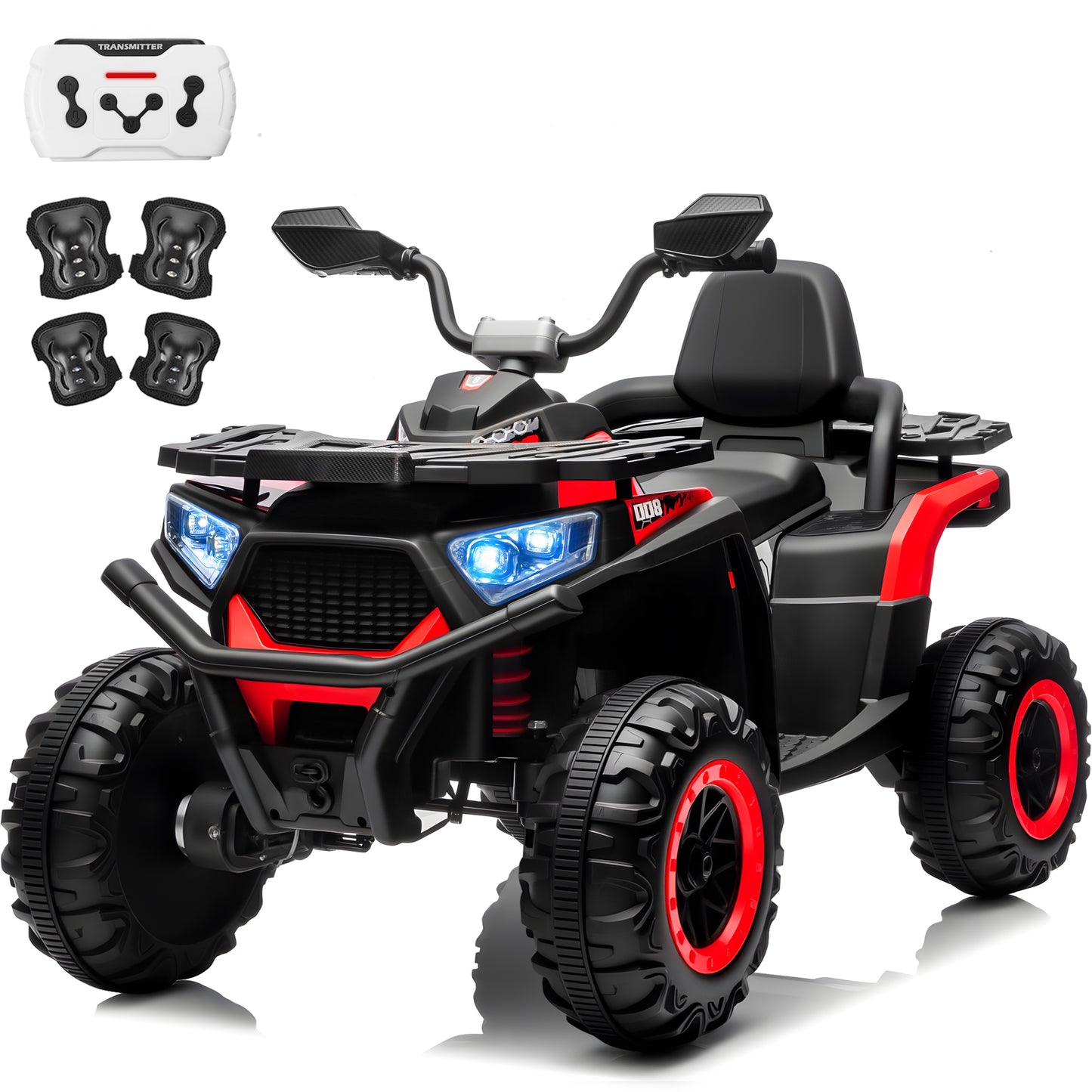 Funride 24V 4WD 800W ATV for Kids 4 Wheeler with Remote, Knee Pads, Music, Black,Red,Pink,Greed-007
