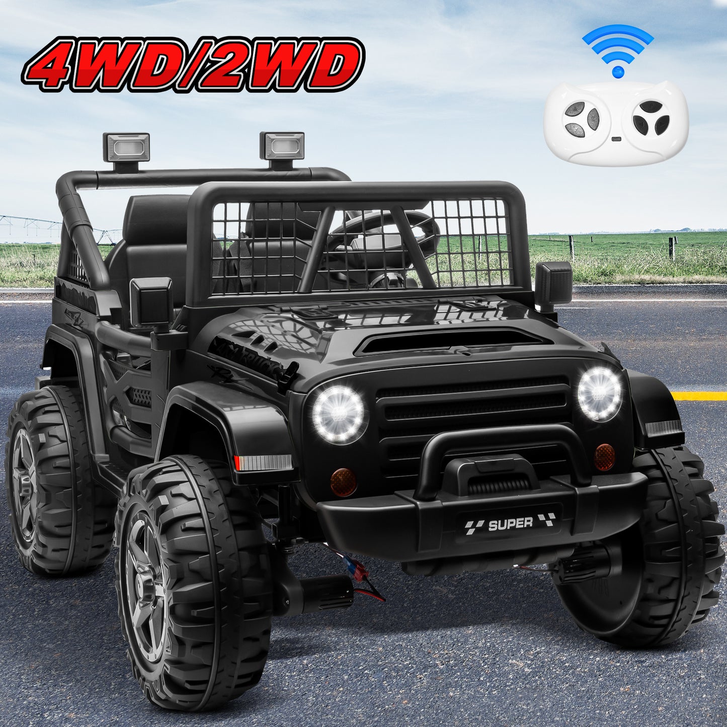 24V 4WD Ride on Toys Truck with Remote Control, 2 Seater Electric Car for Kids, Powered Cars Wheels w/ 4x100W, up to 5.5mph, Spring Suspension, Music, 0723