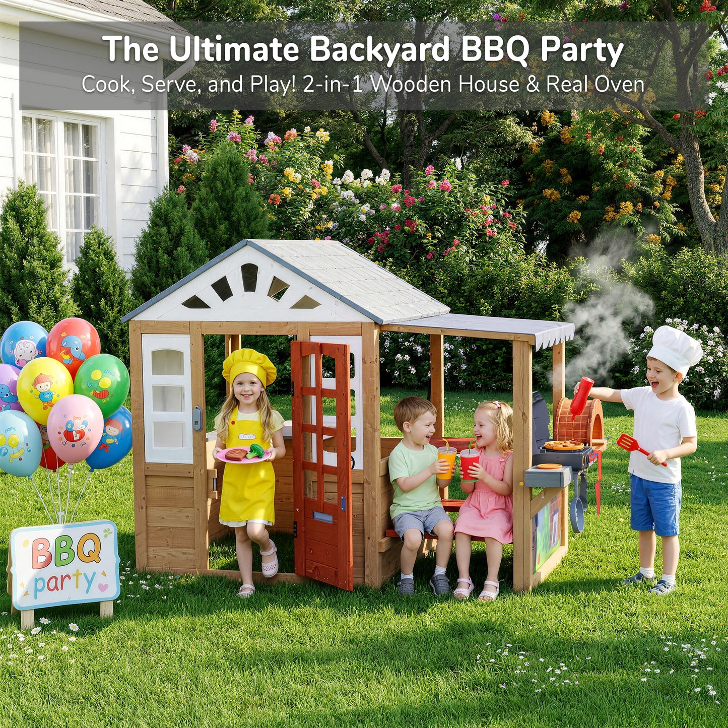 Sunnyfree Wooden Playhouse with BBQ Grill, Interactive Kitchen Outdoor Playhouse, Food, Whiteboard, Mail Receiver, Use for Garden, Backyard, Indoor & Outdoor