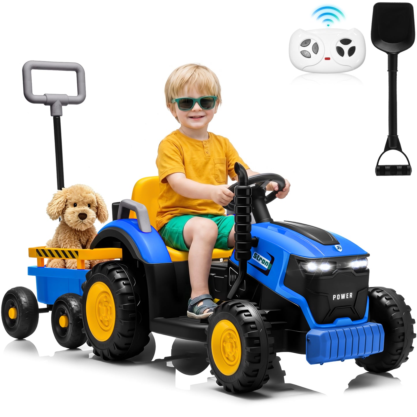 Funride 12V Ride on Tractor w/ Remote Control, 35W Dual Motors Ride on Toys w/ Detachable Trailer & Shovel, Kids' Electric Vehicles with Trailer Ground Loader, Bluetooth Music, LED lights-319