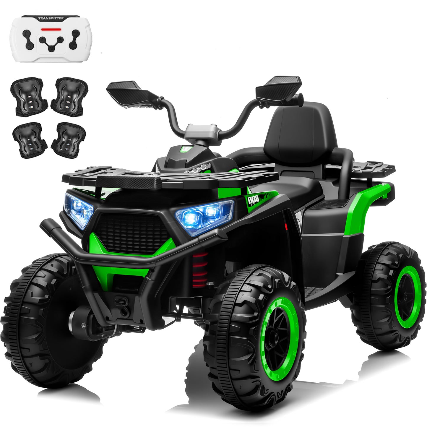 Funride 24V 4WD 800W ATV for Kids 4 Wheeler with Remote, Knee Pads, Music, Black,Red,Pink,Greed-007