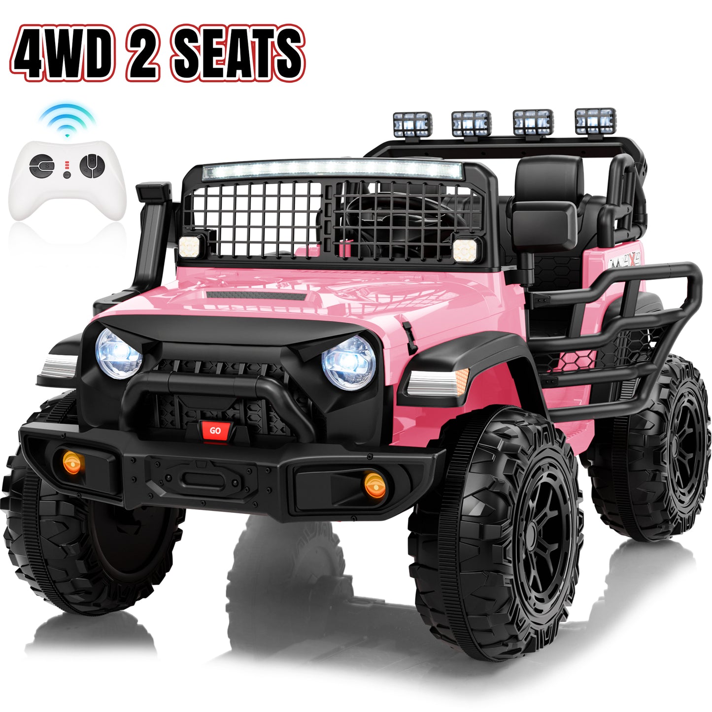 Funride 4WD 24 Volt Ride on Truck, 2 Seater Electric Car for Kids, Power Car Wheels with Remote, Bluetooth, LED Lights, Pink