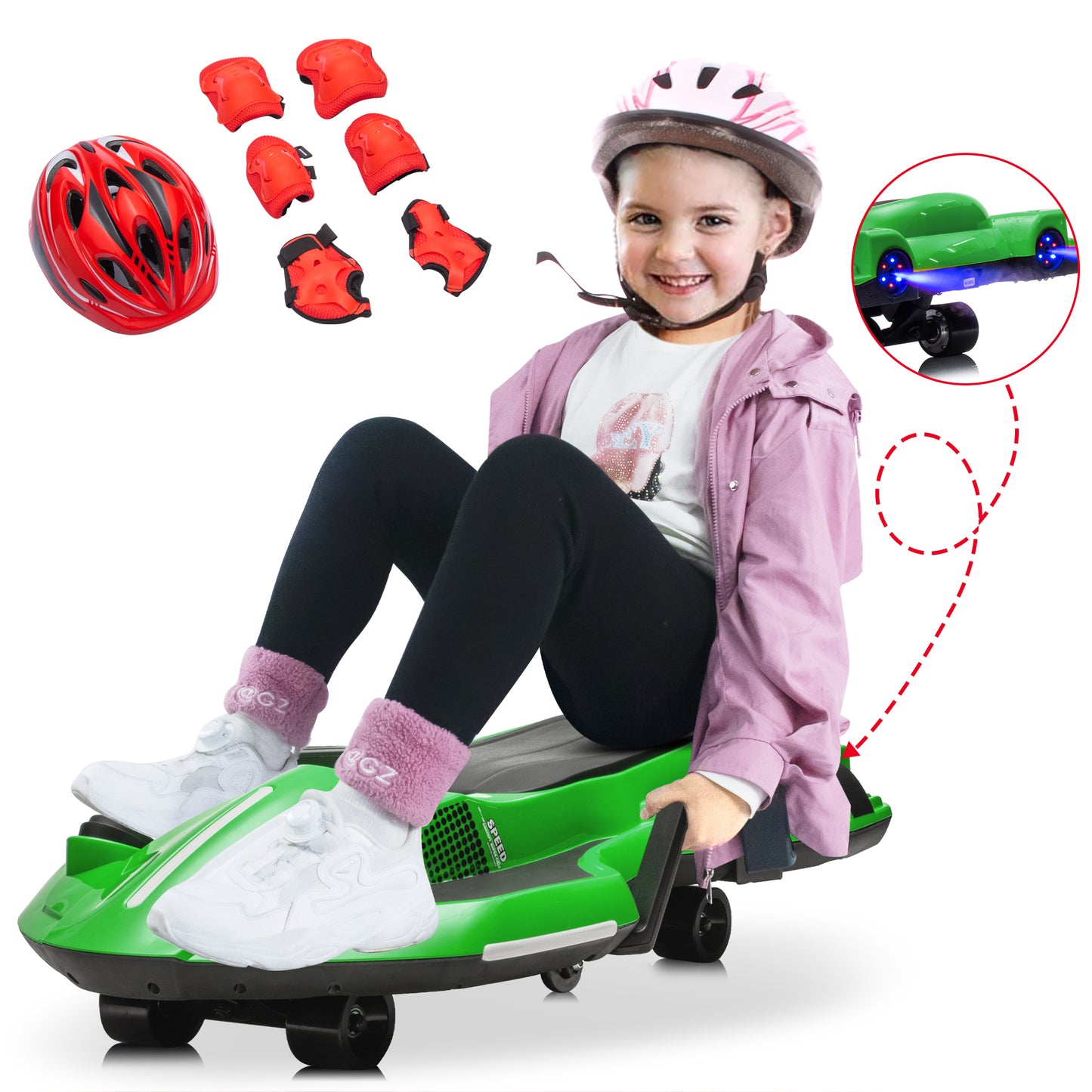 Kids Ride on Toys for Ages 6+, 24V Drift Go Kart w/ 200W Silent Hub Motor, Electric Scooter for Kids, Helmet Knee, Elbow Pads, Music, Rear Spray, Side Handlebars for Steering, Red, White, Blue, Green, Black -601