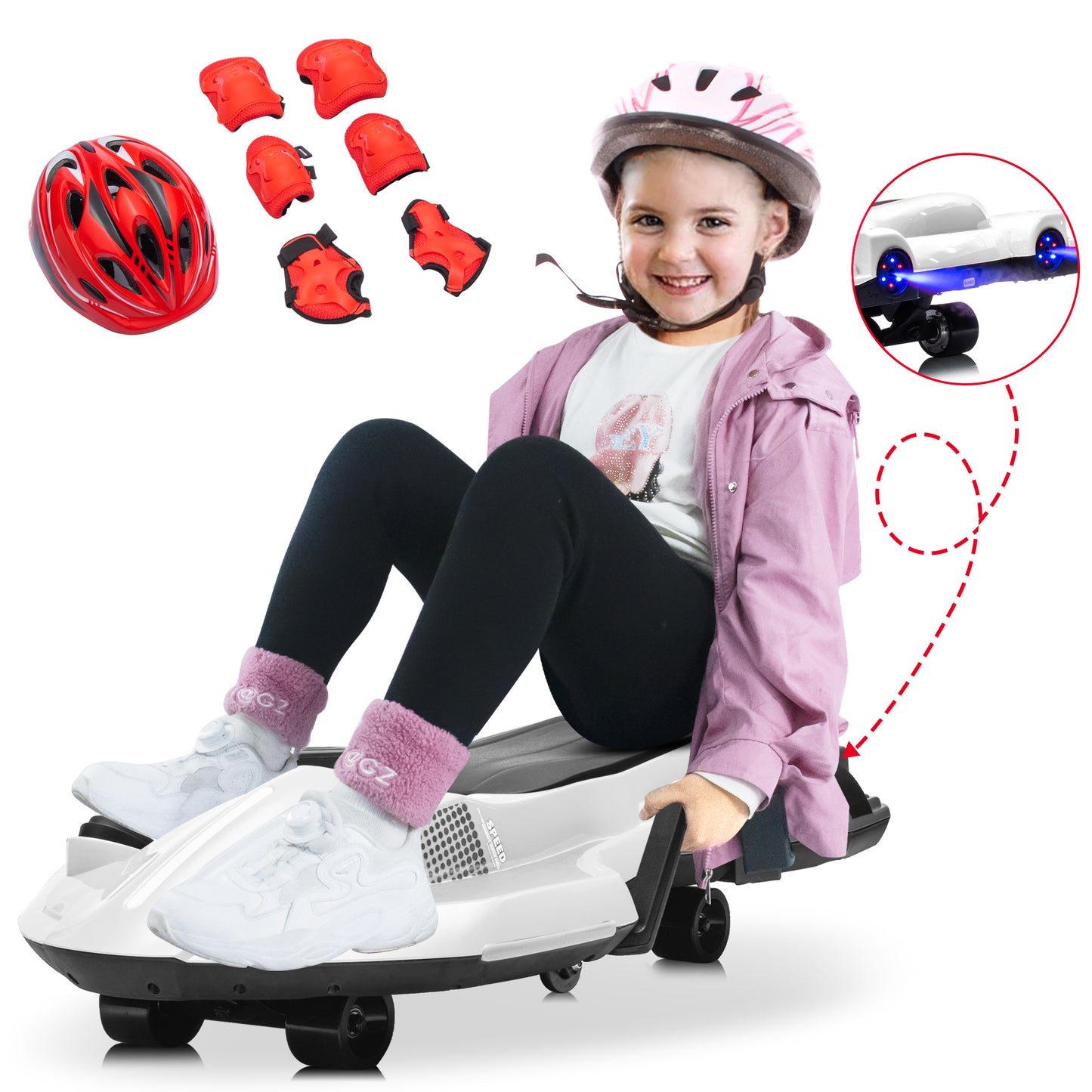 Kids Ride on Toys for Ages 6+, 24V Drift Go Kart w/ 200W Silent Hub Motor, Electric Scooter for Kids, Helmet Knee, Elbow Pads, Music, Rear Spray, Side Handlebars for Steering, Red, White, Blue, Green, Black -601