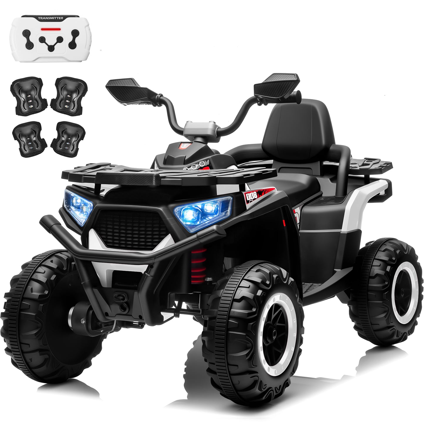 Funride 24V 4WD 800W ATV for Kids 4 Wheeler with Remote, Knee Pads, Music, Black,Red,Pink,Greed-007