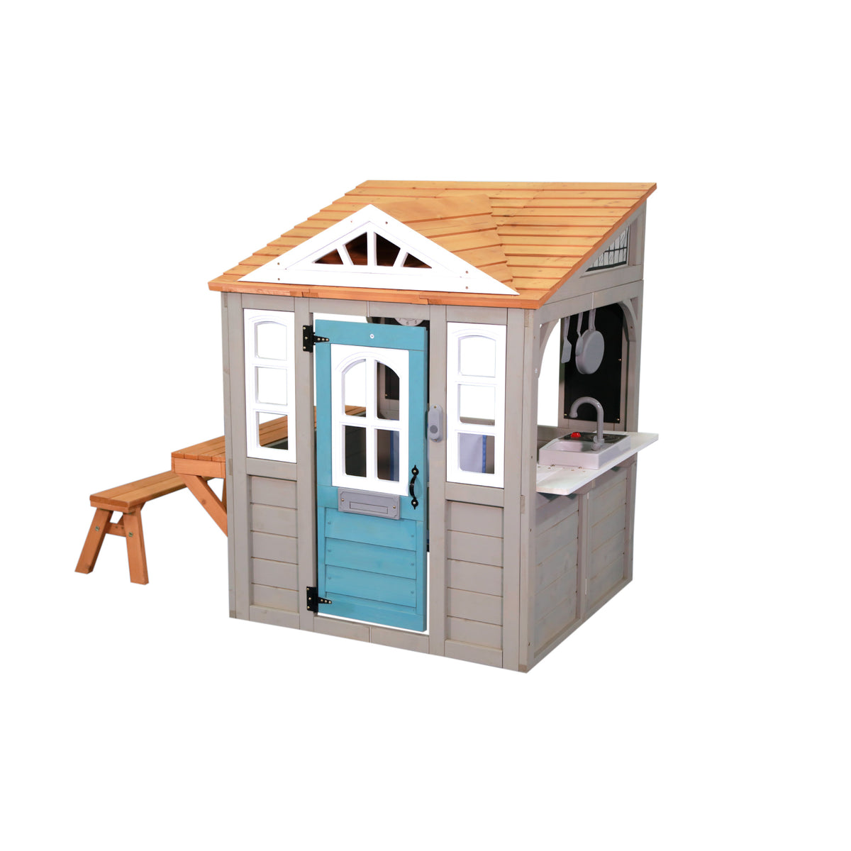 Funride Wooden Grocery Store Playhouse for Kids, Outdoor Pretend Playhouse with Juice Maker, Cash Register, Toy Fruits & Vegetables, Ages 3+
