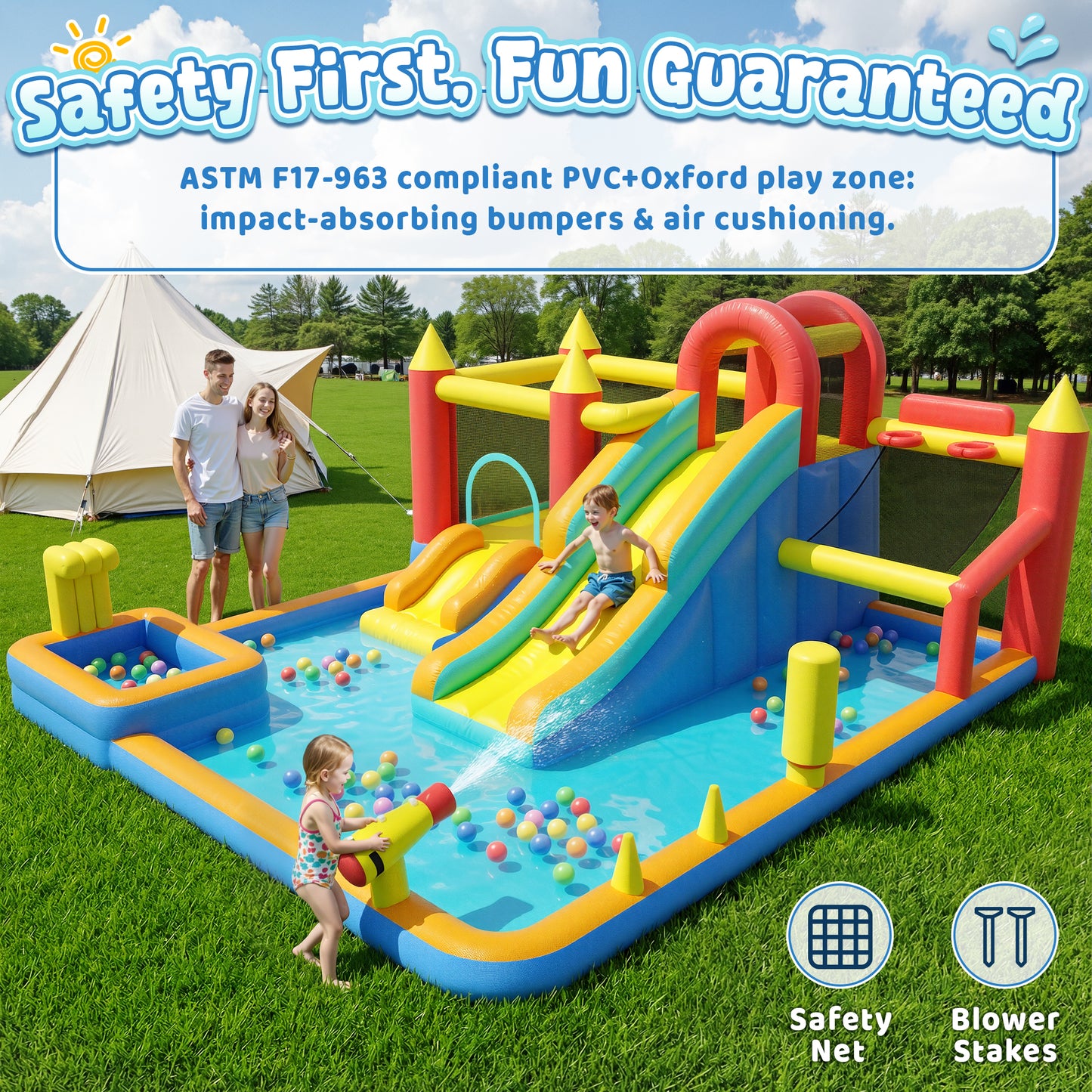 Sunnyfree XXL Inflatable Bouncer House 9 in 1 for Kids 3+, 15x13FT Oversized Inflatable Water Slide Park, Indoor/Outdoor Bounce Castle w/ Blower