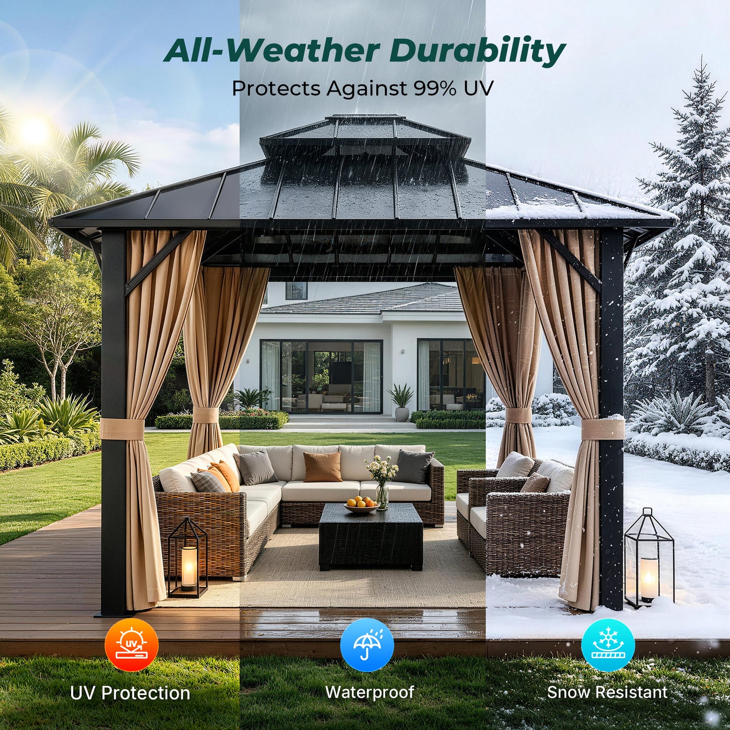 Funride 10x10 ft Hardtop Gazebo, Galvanized Steel Double Roof with Curtains and Netting, Sturdy Aluminum Tri-Frame, for Garden, Patio