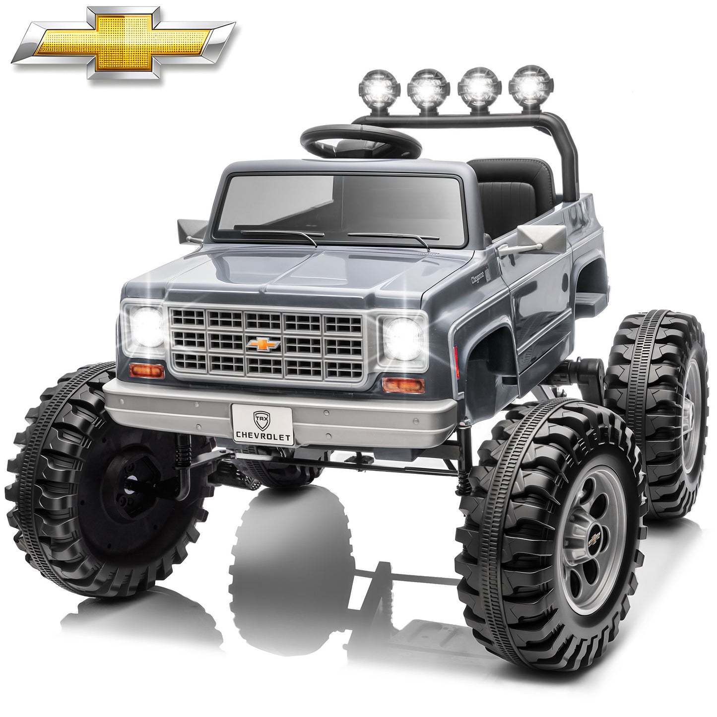 4WD Chevrolet Cheyenne 24 Volt Ride on Toys, Funride  2 Seater Electric Car for Toddler, Power Car Wheels with Remote, Bluetooth, USB, LED Lights, Gray