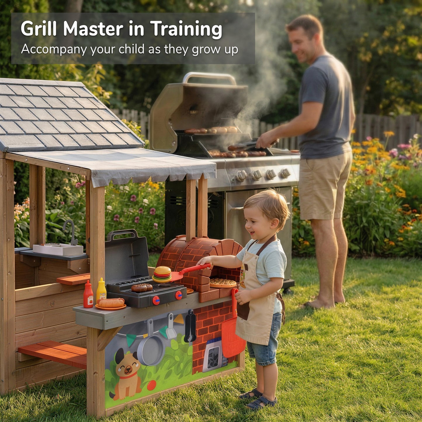 Sunnyfree Wooden Playhouse with BBQ Grill, Interactive Kitchen Outdoor Playhouse, Food, Whiteboard, Mail Receiver, Use for Garden, Backyard, Indoor & Outdoor