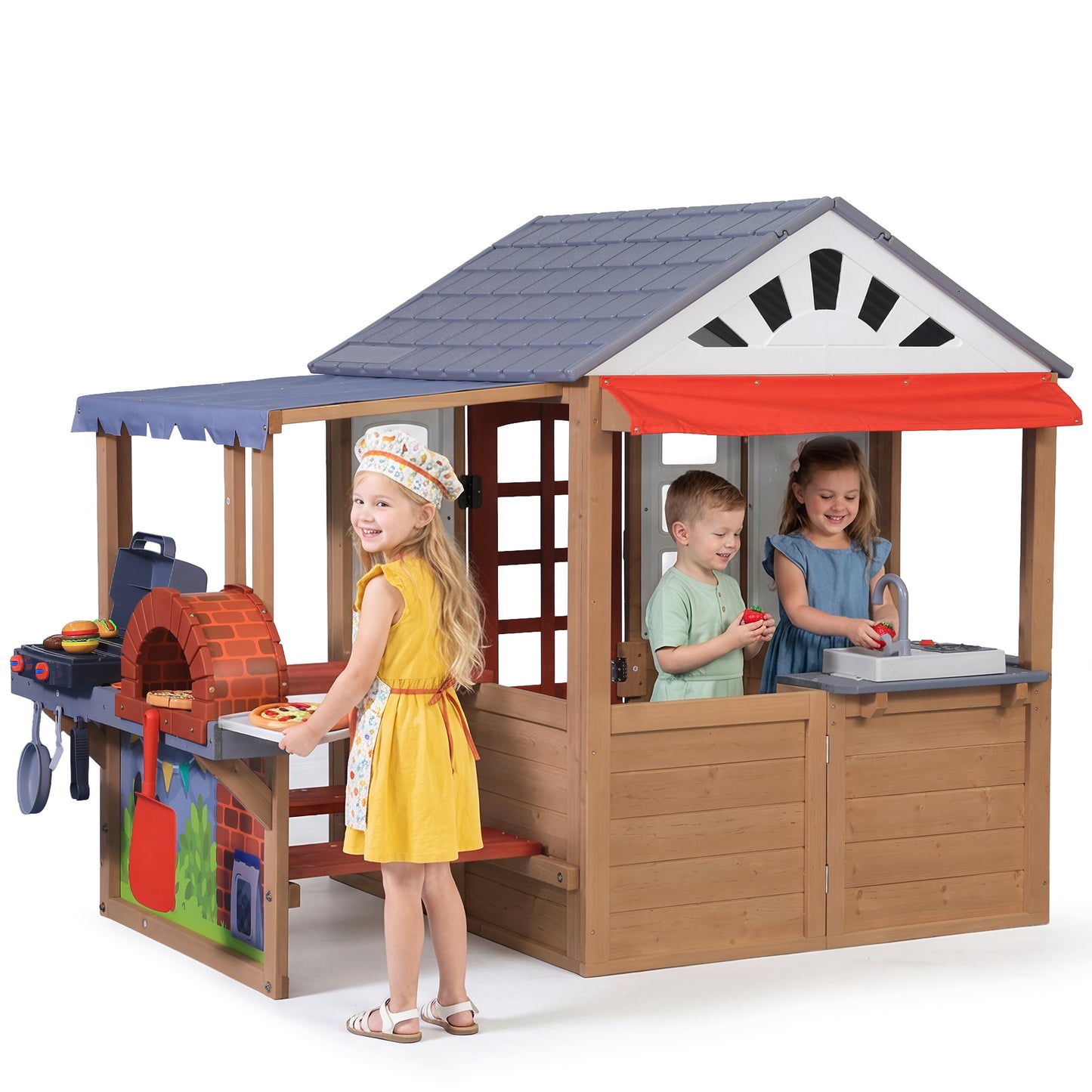 Sunnyfree Wooden Playhouse with BBQ Grill, Interactive Kitchen Outdoor Playhouse, Food, Whiteboard, Mail Receiver, Use for Garden, Backyard, Indoor & Outdoor