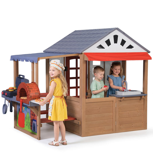 Sunnyfree Wooden Playhouse with BBQ Grill, Interactive Kitchen Outdoor Playhouse, Food, Whiteboard, Mail Receiver, Use for Garden, Backyard, Indoor & Outdoor