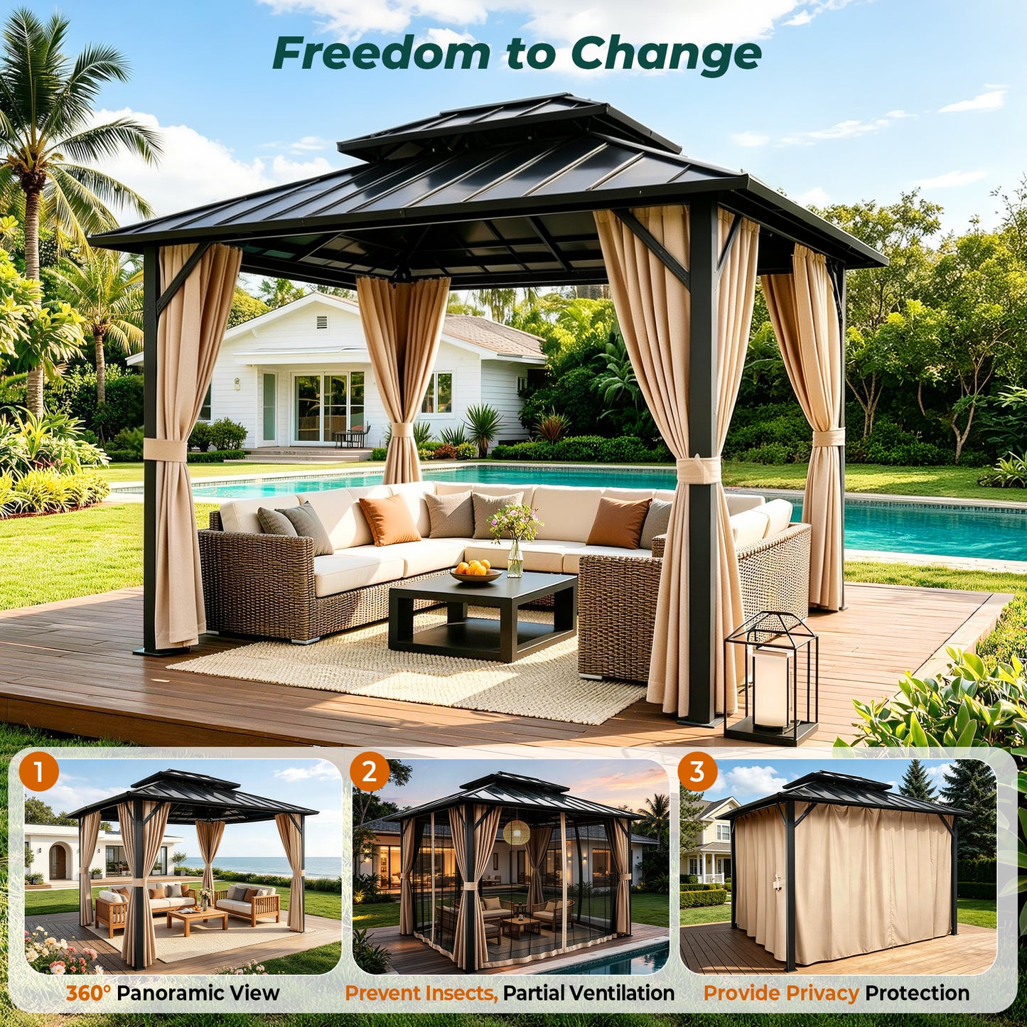 Funride 10x10 ft Hardtop Gazebo, Galvanized Steel Double Roof with Curtains and Netting, Sturdy Aluminum Tri-Frame, for Garden, Patio
