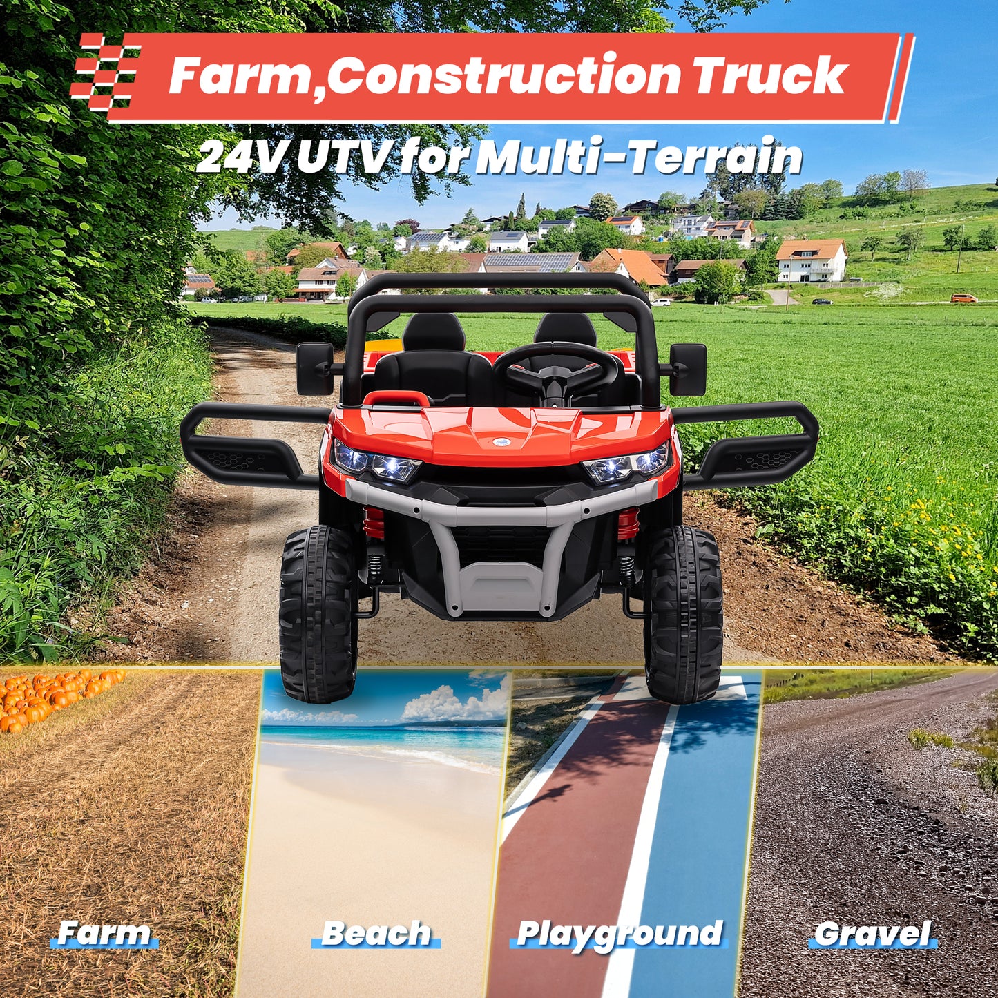 Funride 24V Kids Ride on Dump Truck with Remote Control, 2 Seater Powered 4-Wheel UTV Toys, 4x200W Ride on Tractor Car w/ Electric Dump Bed, Shovel, Bluetooth Music, Red