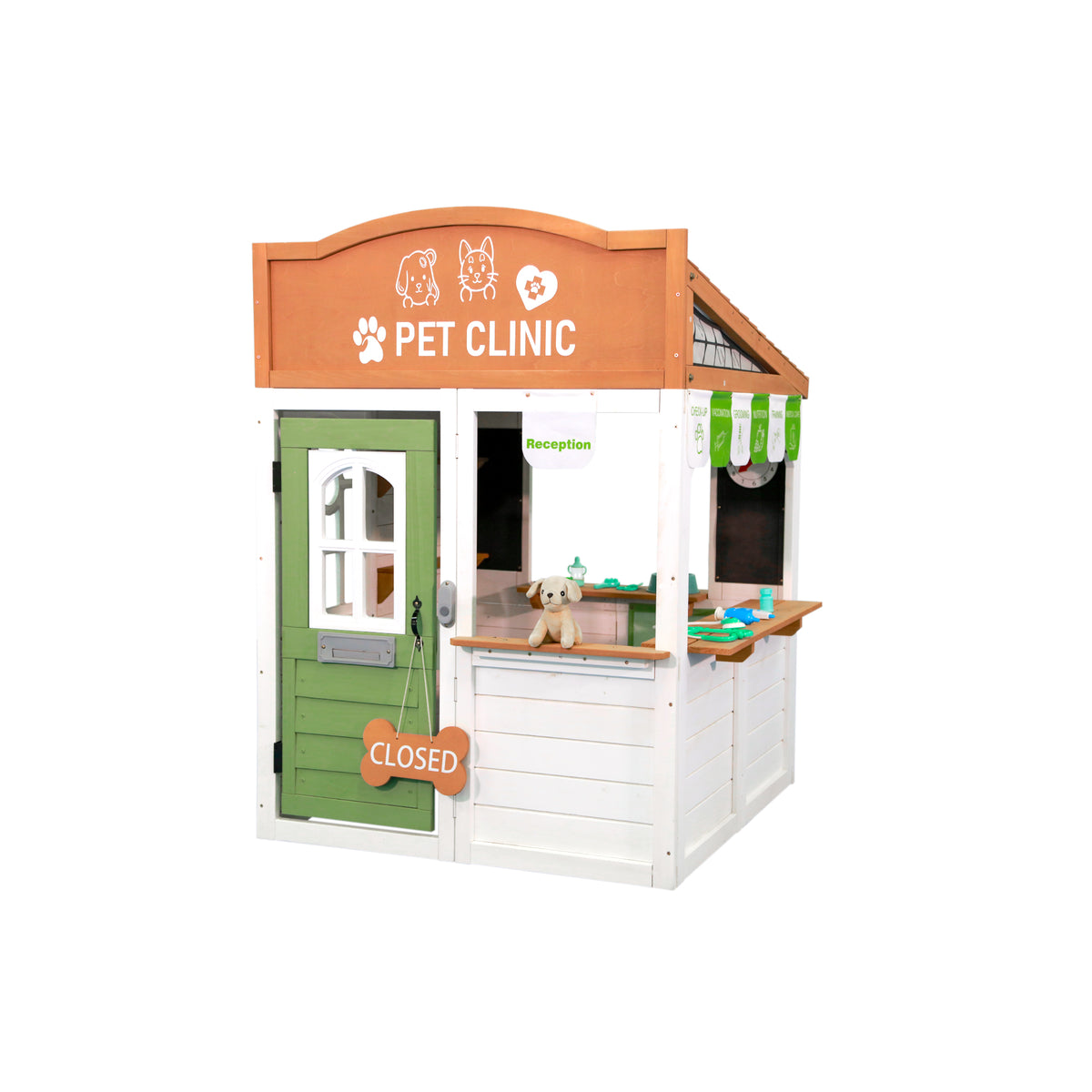 Funride Pet Clinic Playhouse for Kids, Outdoor Play House with Pet Care Accessories, Syringe, Toy Pets, Storage Shelf, FSC Certified,Ages 3+
