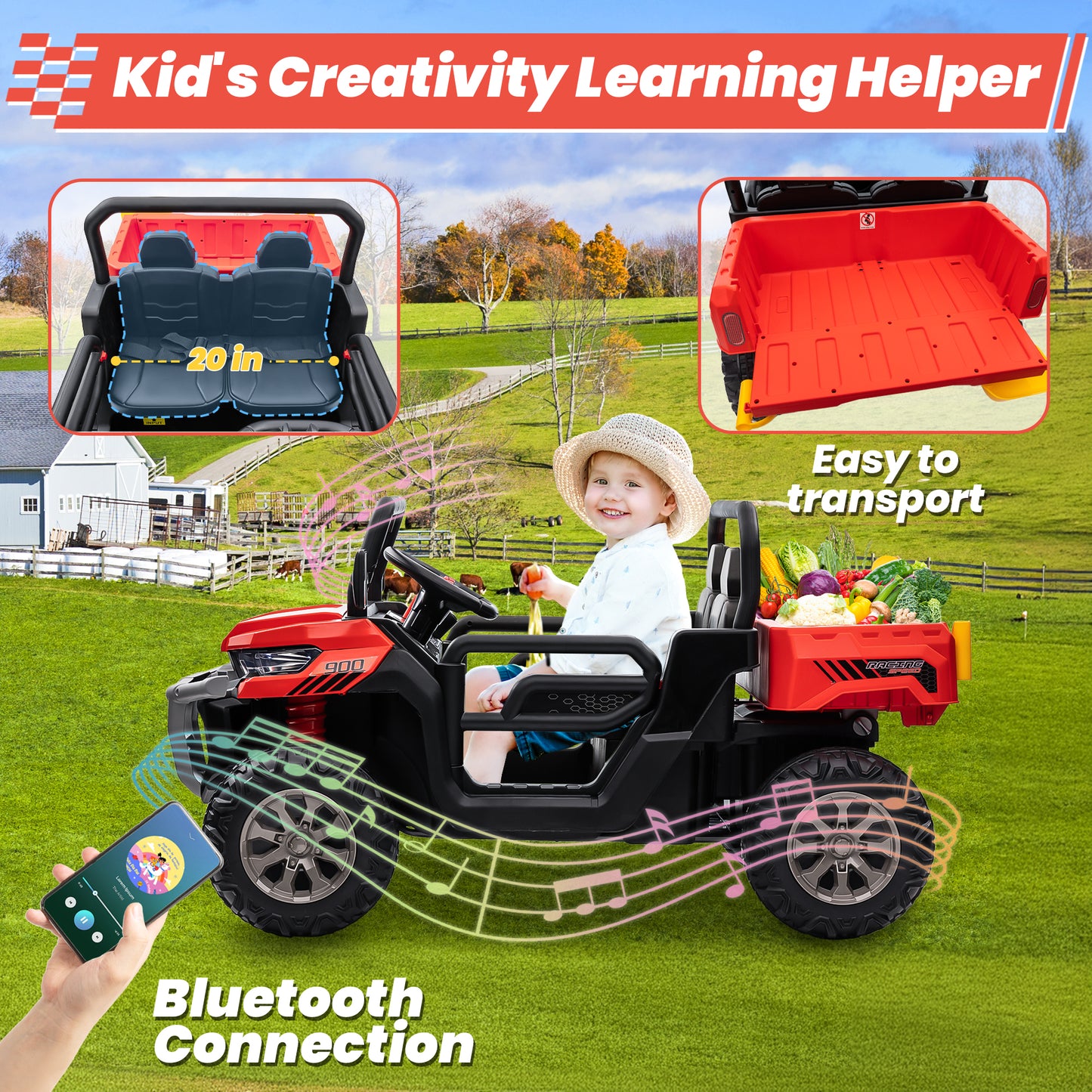 Funride 24V Kids Ride on Dump Truck with Remote Control, 2 Seater Powered 4-Wheel UTV Toys, 4x200W Ride on Tractor Car w/ Electric Dump Bed, Shovel, Bluetooth Music, Red