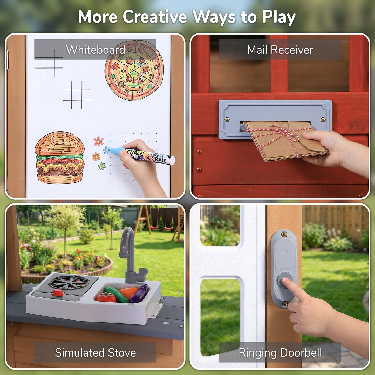 Sunnyfree Wooden Playhouse with BBQ Grill, Interactive Kitchen Outdoor Playhouse, Food, Whiteboard, Mail Receiver, Use for Garden, Backyard, Indoor & Outdoor