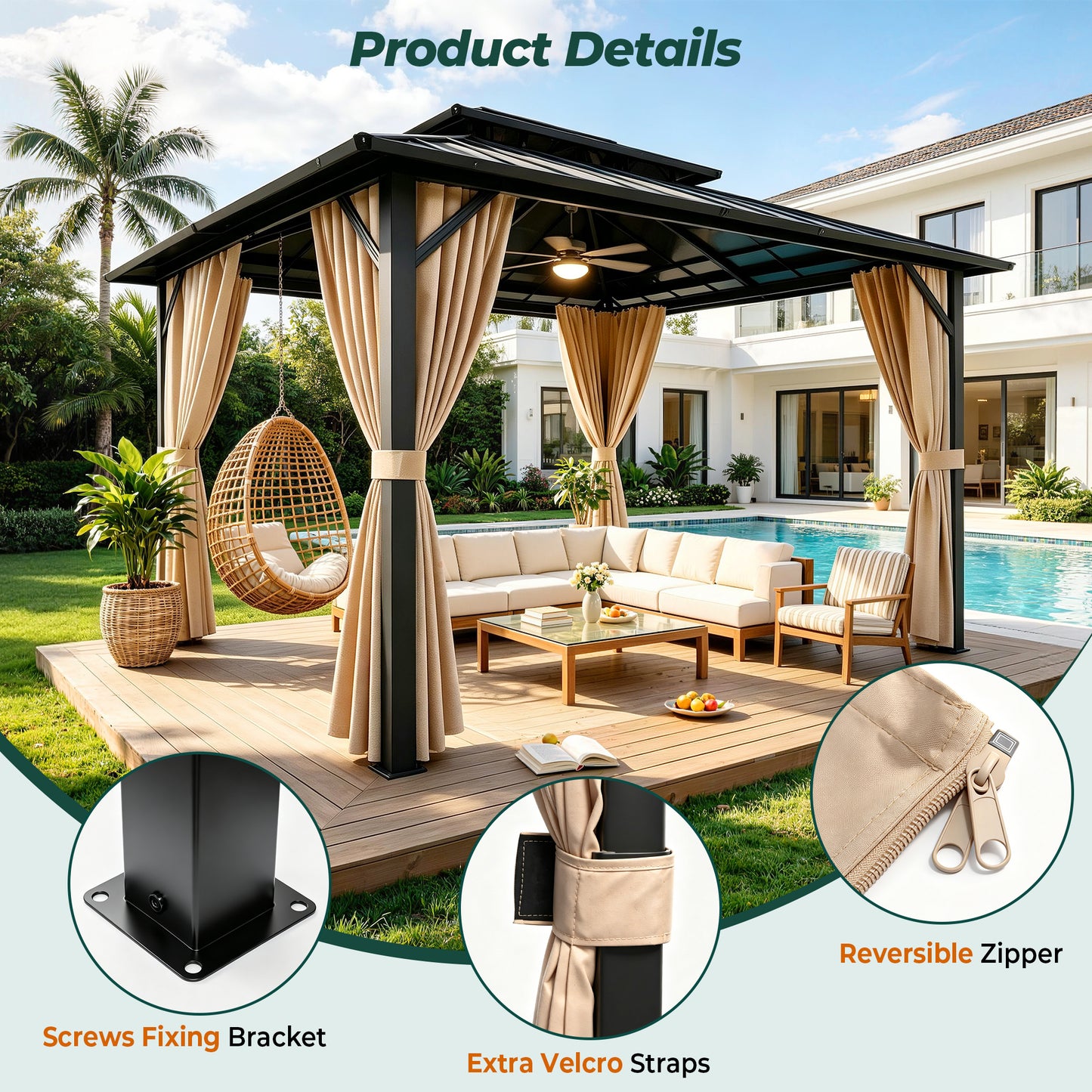 Funride 10x12 ft Hardtop Gazebo, Galvanized Steel Double Roof with Curtains and Netting, Sturdy Aluminum Tri-Frame, for Garden, Patio