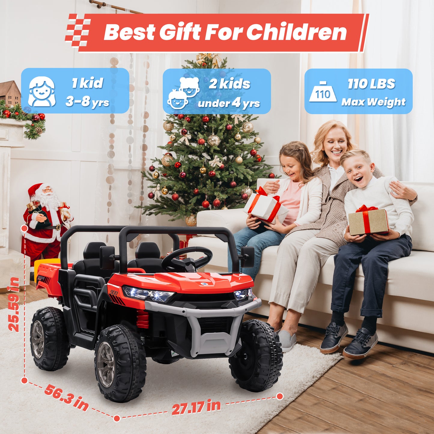Funride 24V Kids Ride on Dump Truck with Remote Control, 2 Seater Powered 4-Wheel UTV Toys, 4x200W Ride on Tractor Car w/ Electric Dump Bed, Shovel, Bluetooth Music, Red