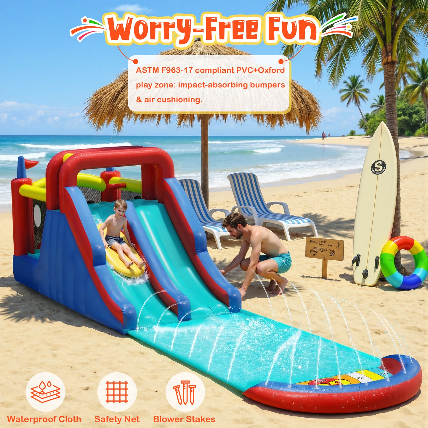 Sunnyfree Inflatable Bouncer House for Kids 3+, 30x6FT Oversized Double Water Slide with Sprinkler and 2 Slip Inflatable Boards