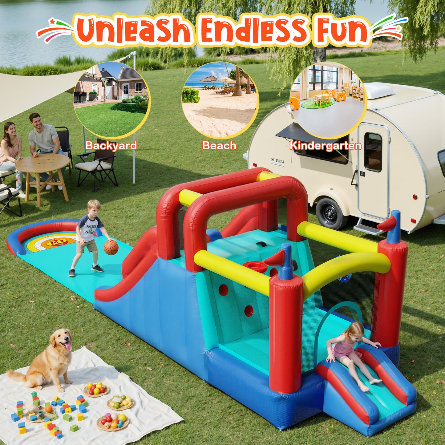 Sunnyfree Inflatable Bouncer House for Kids 3+, 30x6FT Oversized Double Water Slide with Sprinkler and 2 Slip Inflatable Boards