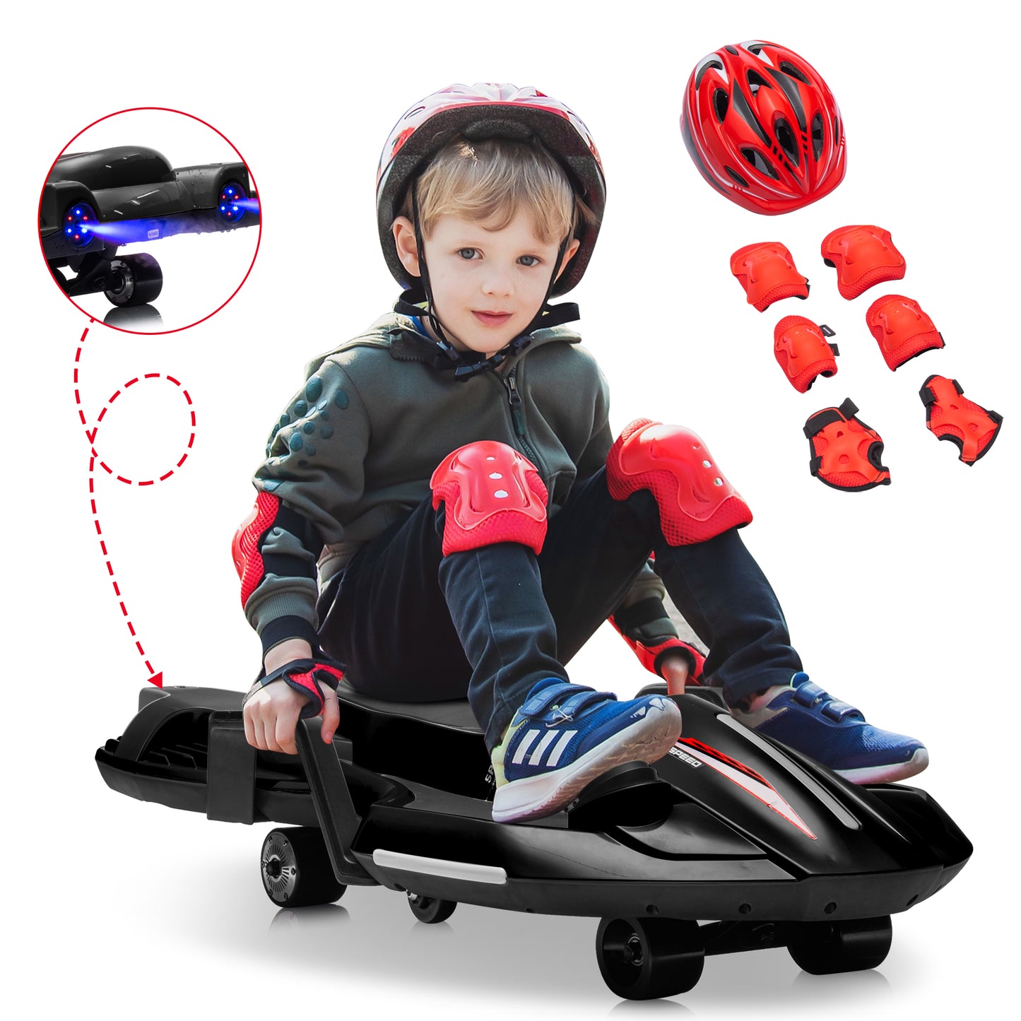 Kids Ride on Toys for Ages 6+, 24V Drift Go Kart w/ 200W Silent Hub Motor, Electric Scooter for Kids, Helmet Knee, Elbow Pads, Music, Rear Spray, Side Handlebars for Steering, Red, White, Blue, Green, Black -601