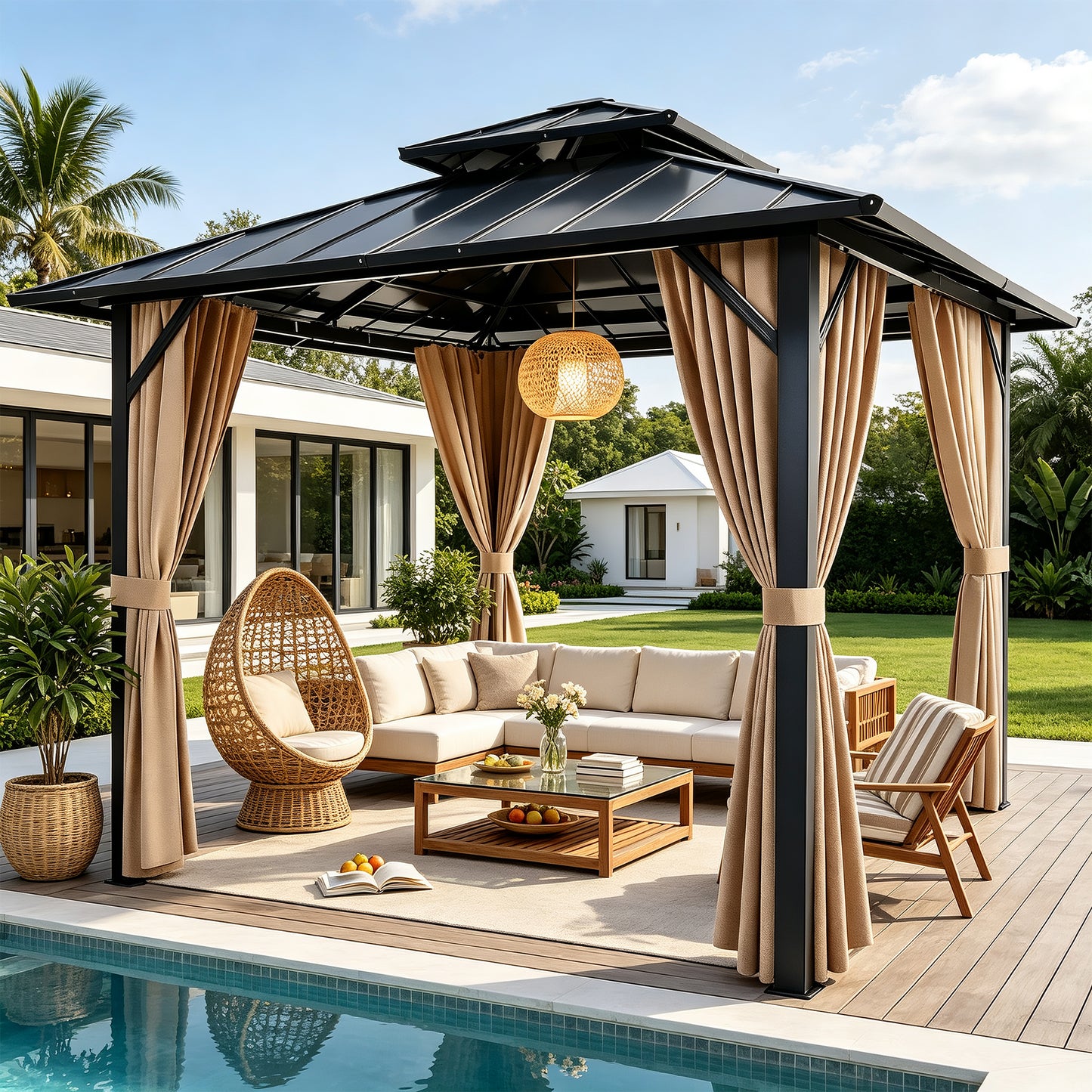 Funride 10x10 ft Hardtop Gazebo, Galvanized Steel Double Roof with Curtains and Netting, Sturdy Aluminum Tri-Frame, for Garden, Patio