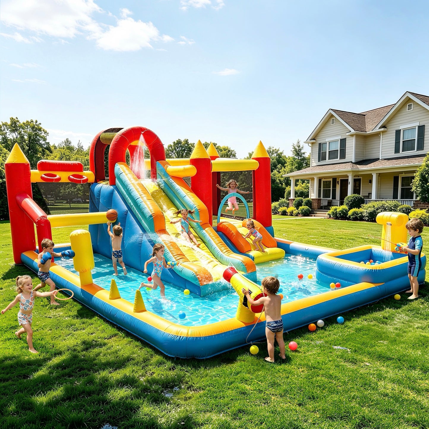 Sunnyfree XXL Inflatable Bouncer House 9 in 1 for Kids 3+, 15x13FT Oversized Inflatable Water Slide Park, Indoor/Outdoor Bounce Castle w/ Blower