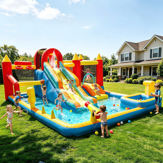 Sunnyfree XXL Inflatable Bouncer House 9 in 1 for Kids 3+, 15x13FT Oversized Inflatable Water Slide Park, Indoor/Outdoor Bounce Castle w/ Blower